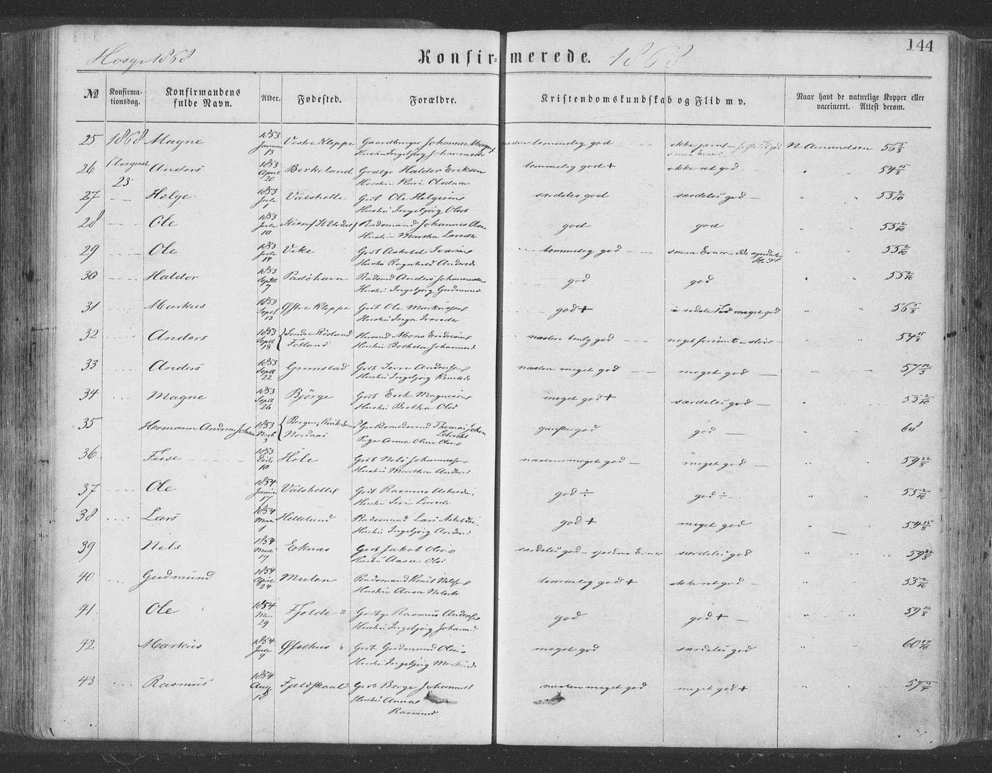 Hosanger sokneprestembete, AV/SAB-A-75801/H/Haa: Parish register (official) no. A 9, 1864-1876, p. 144