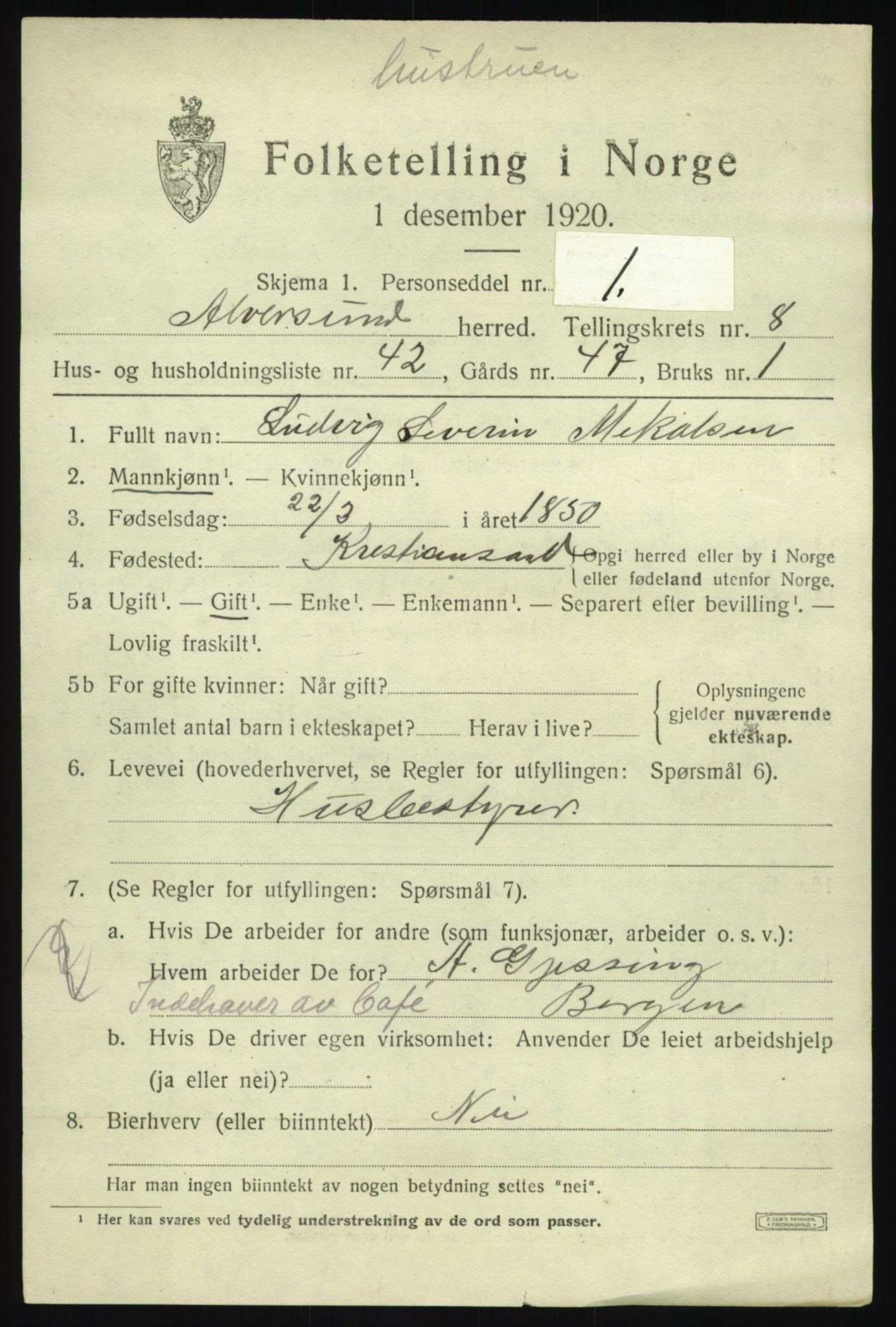 SAB, 1920 census for Alversund, 1920, p. 5304