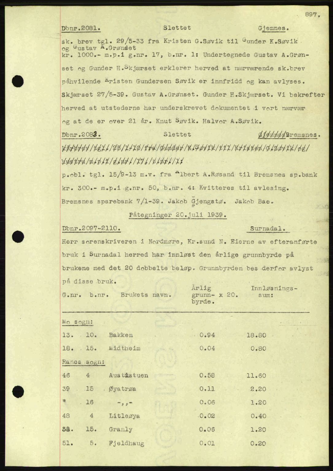 Nordmøre sorenskriveri, AV/SAT-A-4132/1/2/2Ca: Mortgage book no. C80, 1936-1939, Diary no: : 2081/1939