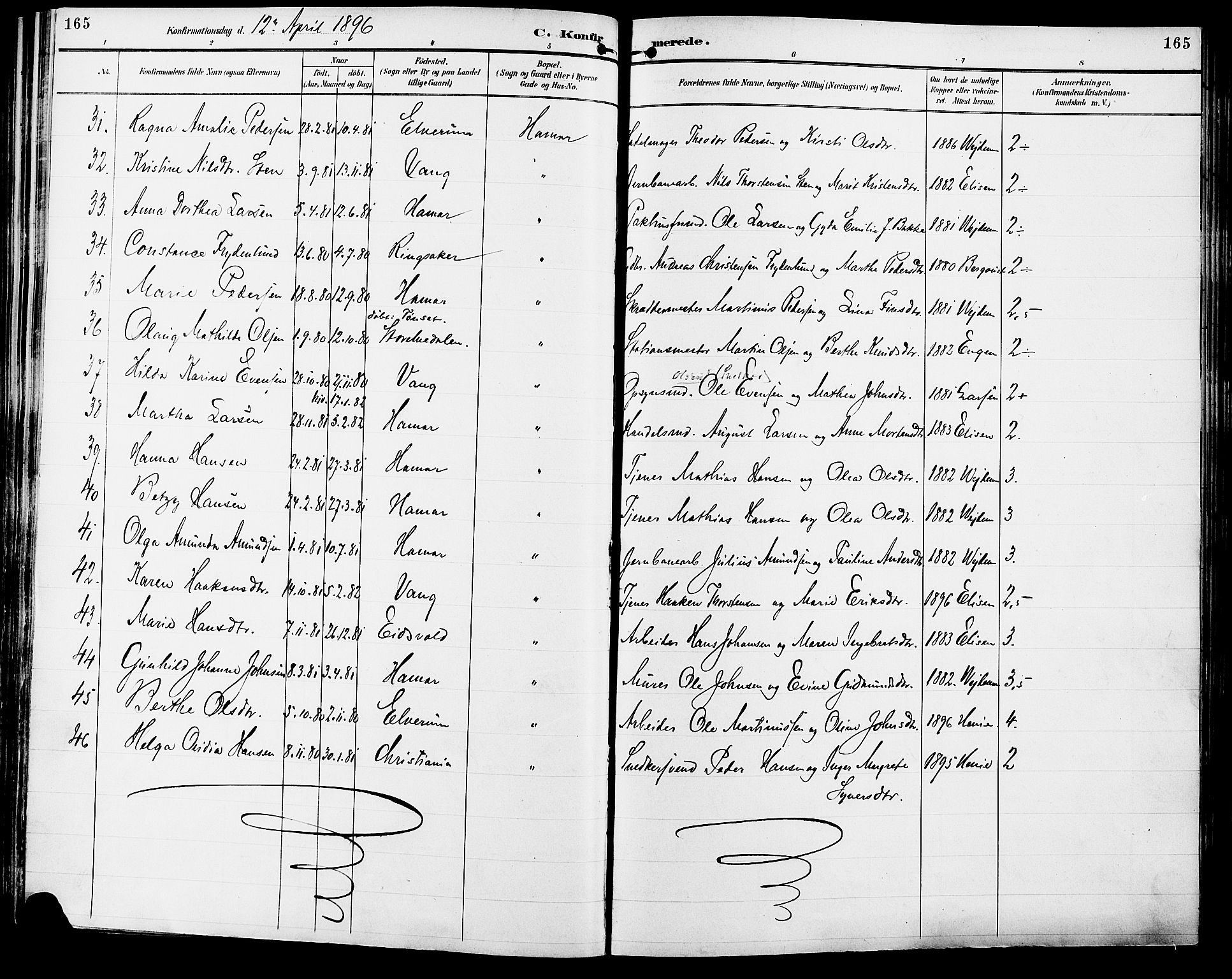 Vang prestekontor, Hedmark, AV/SAH-PREST-008/H/Ha/Haa/L0017: Parish register (official) no. 17, 1890-1899, p. 165