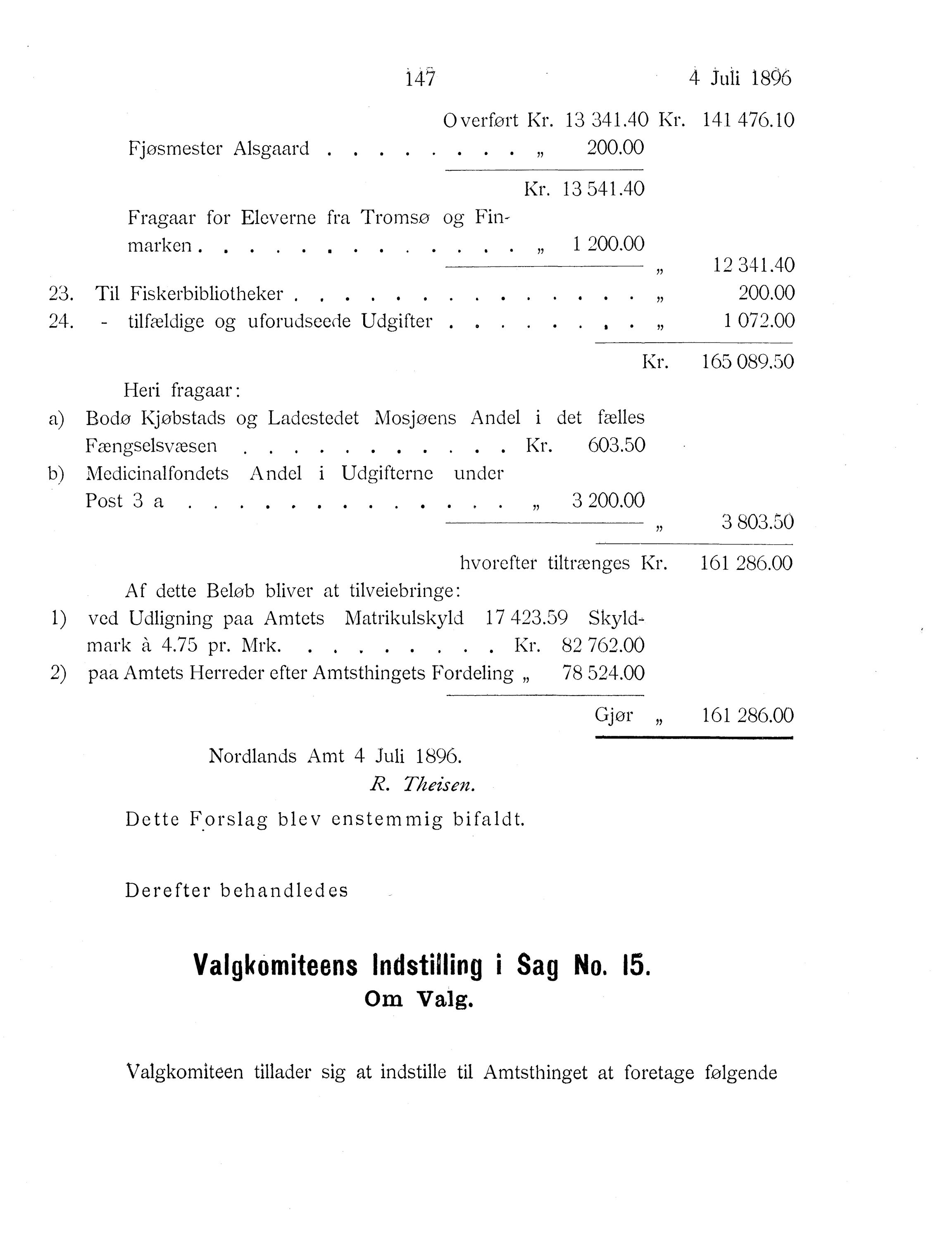 Nordland Fylkeskommune. Fylkestinget, AIN/NFK-17/176/A/Ac/L0019: Fylkestingsforhandlinger 1896, 1896