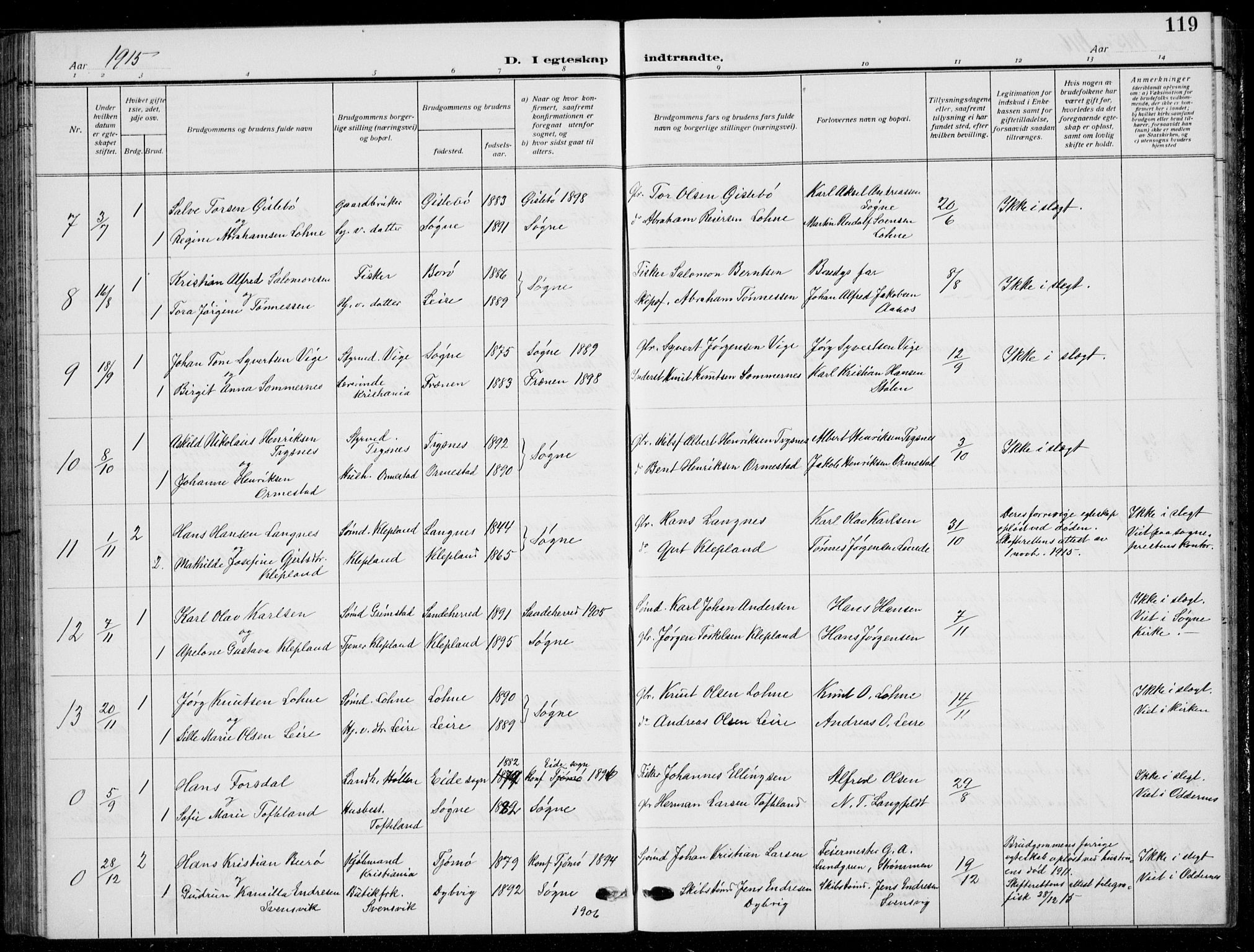 Søgne sokneprestkontor, SAK/1111-0037/F/Fb/Fbb/L0007: Parish register (copy) no. B 7, 1912-1931, p. 119