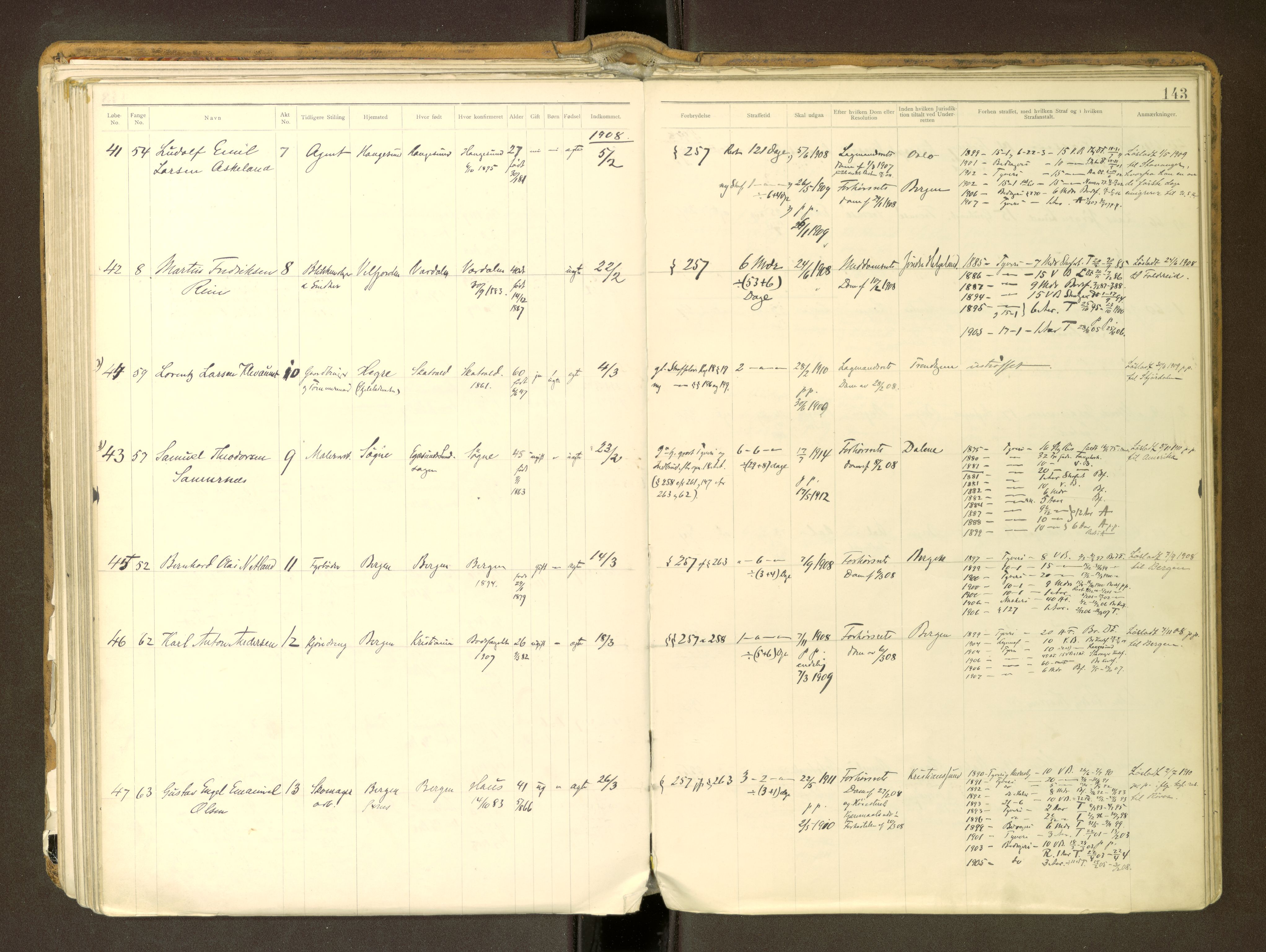 Trondheim tukthus, SAT/A-4619/05/65/L0037: 65.37 Fangeprotokoll m/reg, 1898-1914, p. 143