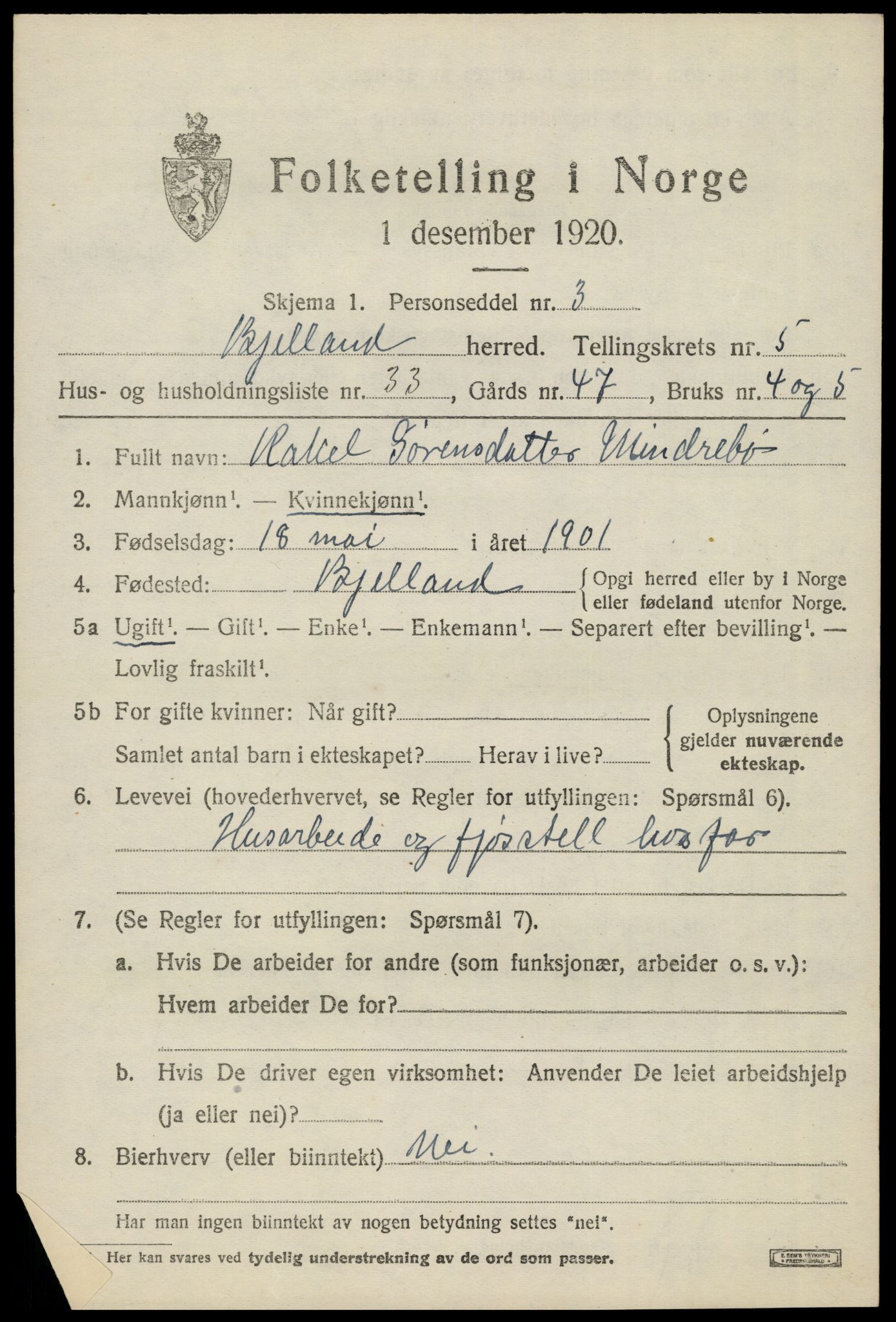 SAK, 1920 census for Bjelland, 1920, p. 1801