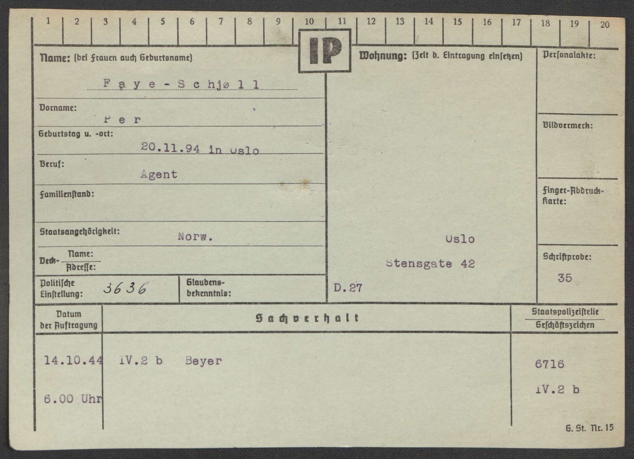 Befehlshaber der Sicherheitspolizei und des SD, AV/RA-RAFA-5969/E/Ea/Eaa/L0003: Register over norske fanger i Møllergata 19: Eng-Hag, 1940-1945, p. 268