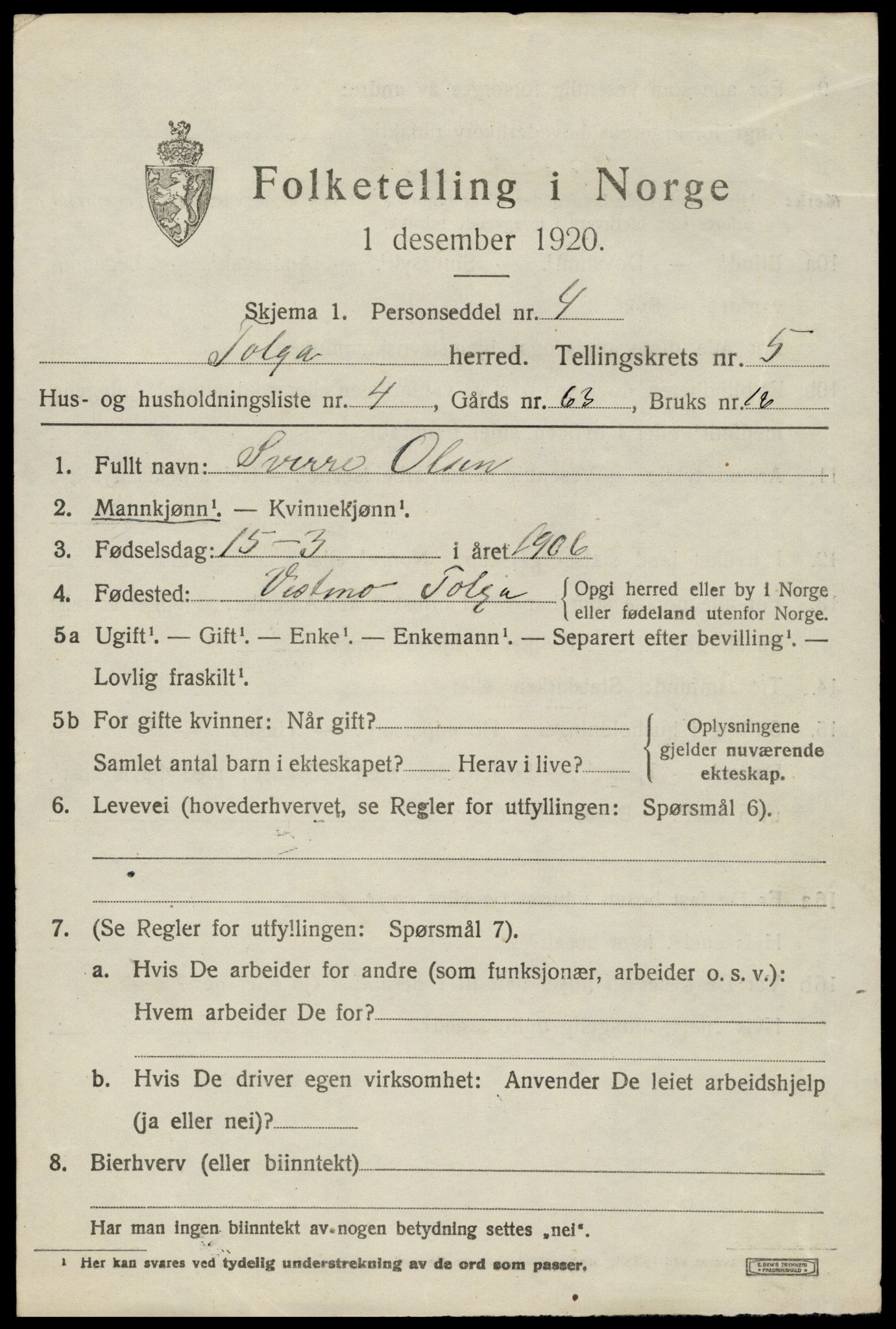 SAH, 1920 census for Tolga, 1920, p. 3261