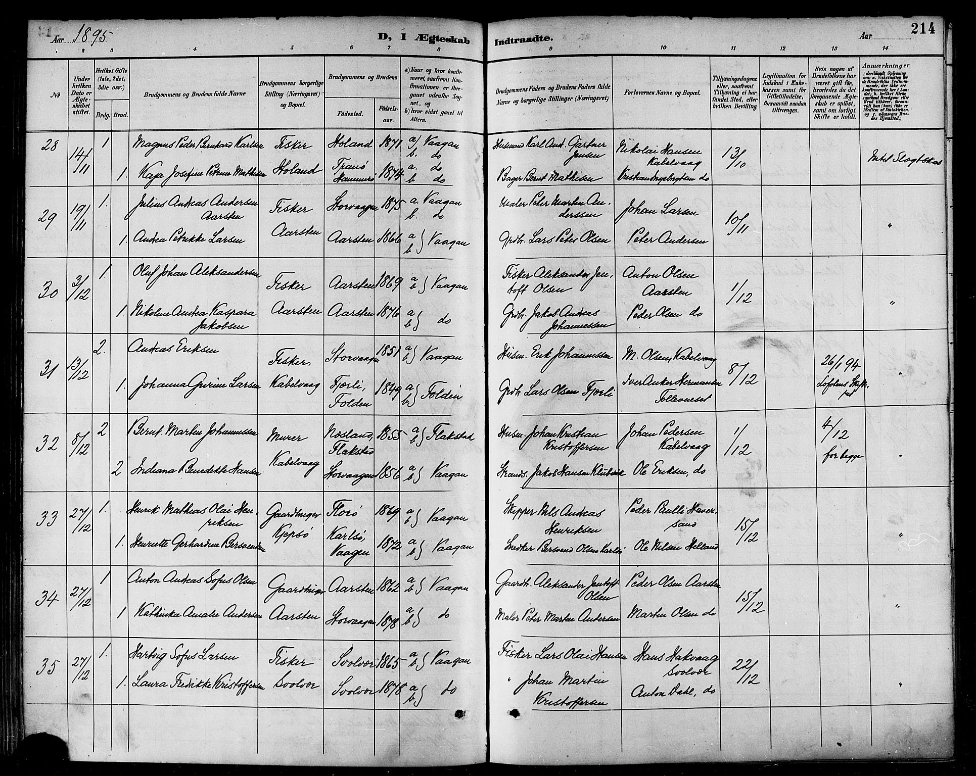 Ministerialprotokoller, klokkerbøker og fødselsregistre - Nordland, AV/SAT-A-1459/874/L1060: Parish register (official) no. 874A04, 1890-1899, p. 214