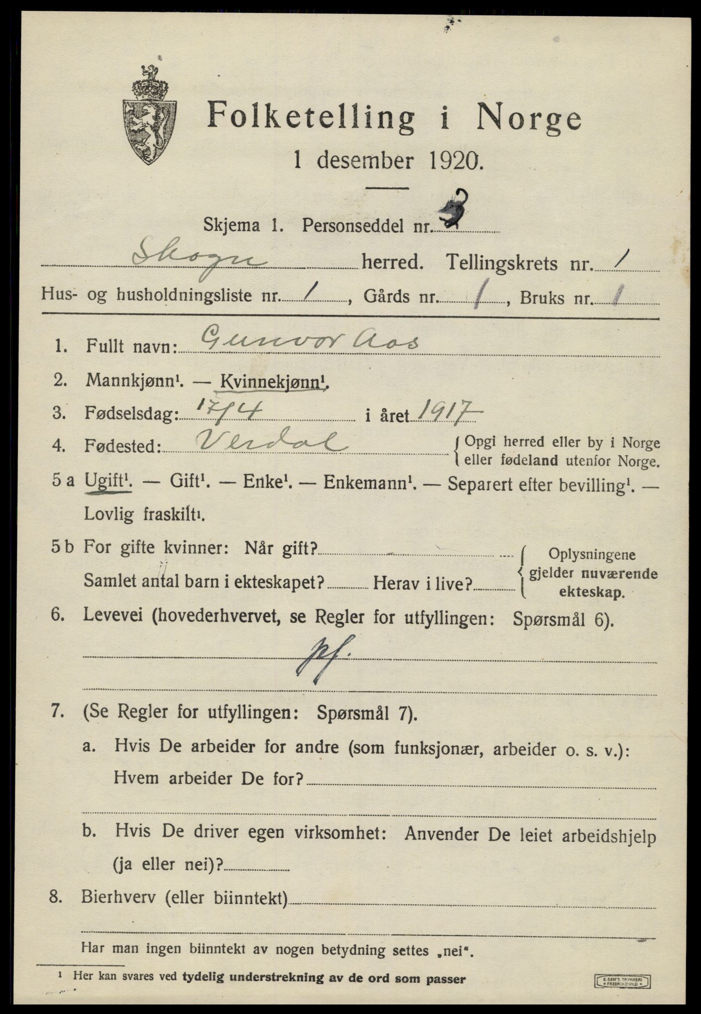 SAT, 1920 census for Skogn, 1920, p. 1287