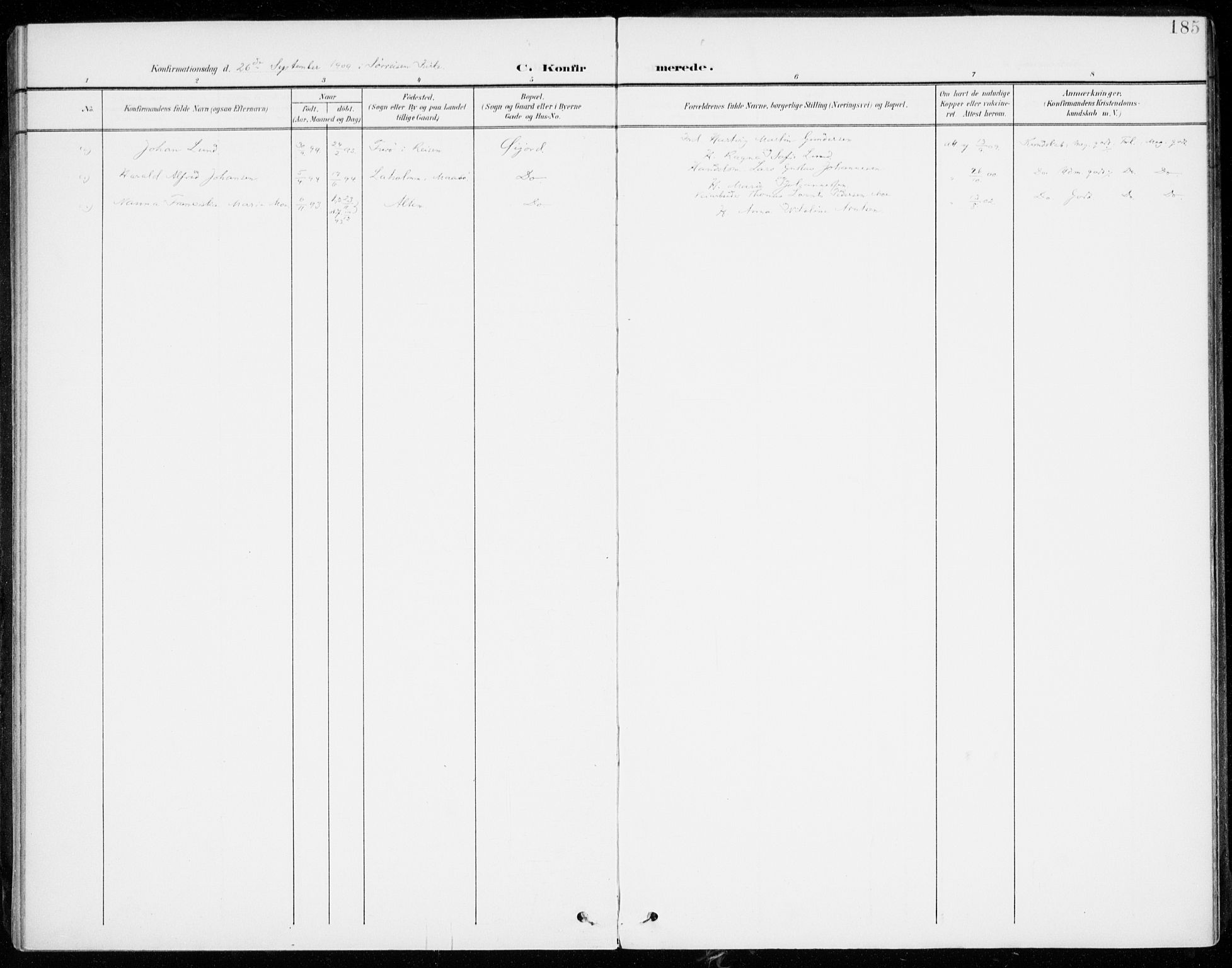 Lenvik sokneprestembete, AV/SATØ-S-1310/H/Ha/Haa/L0014kirke: Parish register (official) no. 14, 1899-1909, p. 185