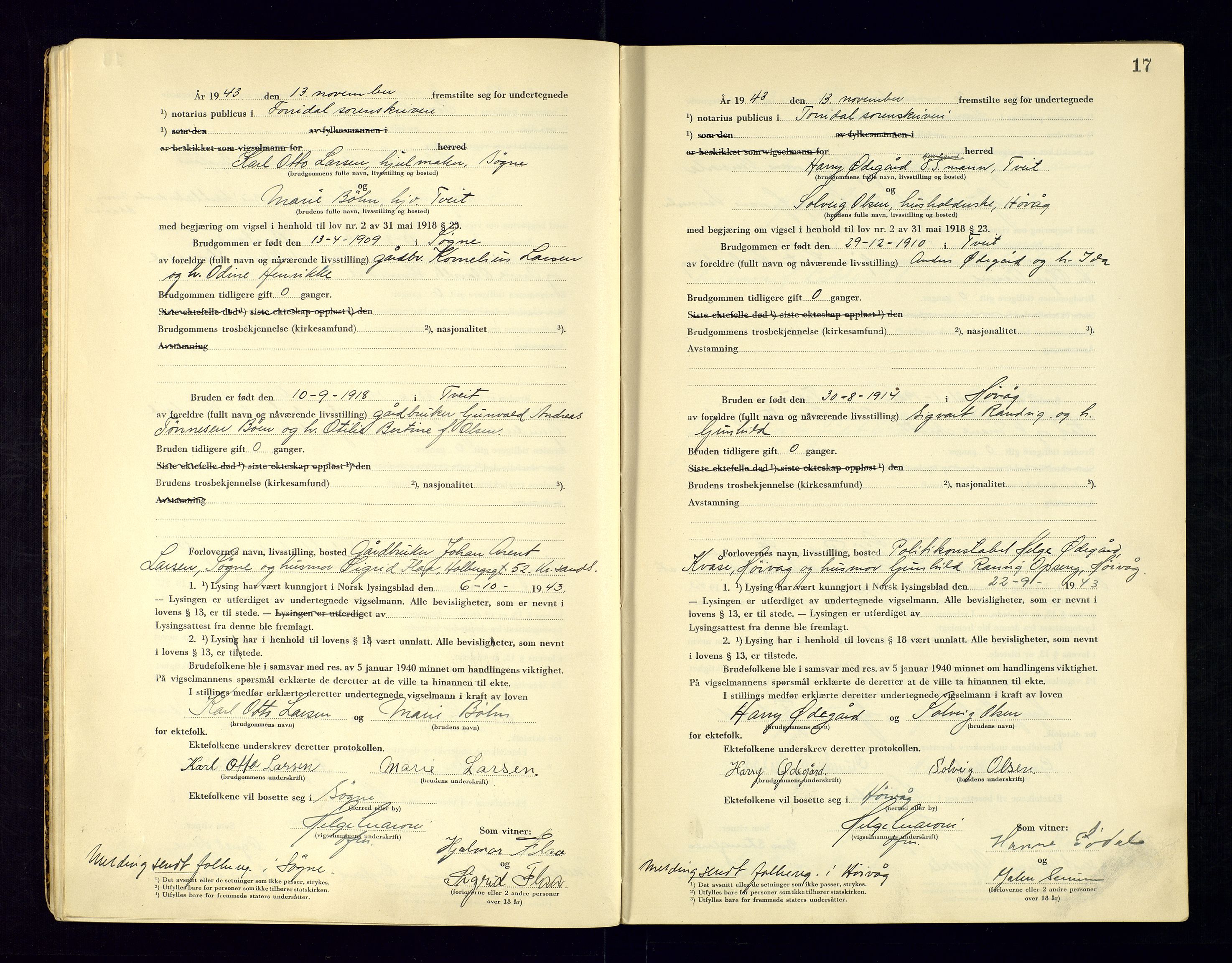 Torridal sorenskriveri, AV/SAK-1221-0012/L/Ld/L0004: Vigselbok nr. 2, 1943-1946, p. 17