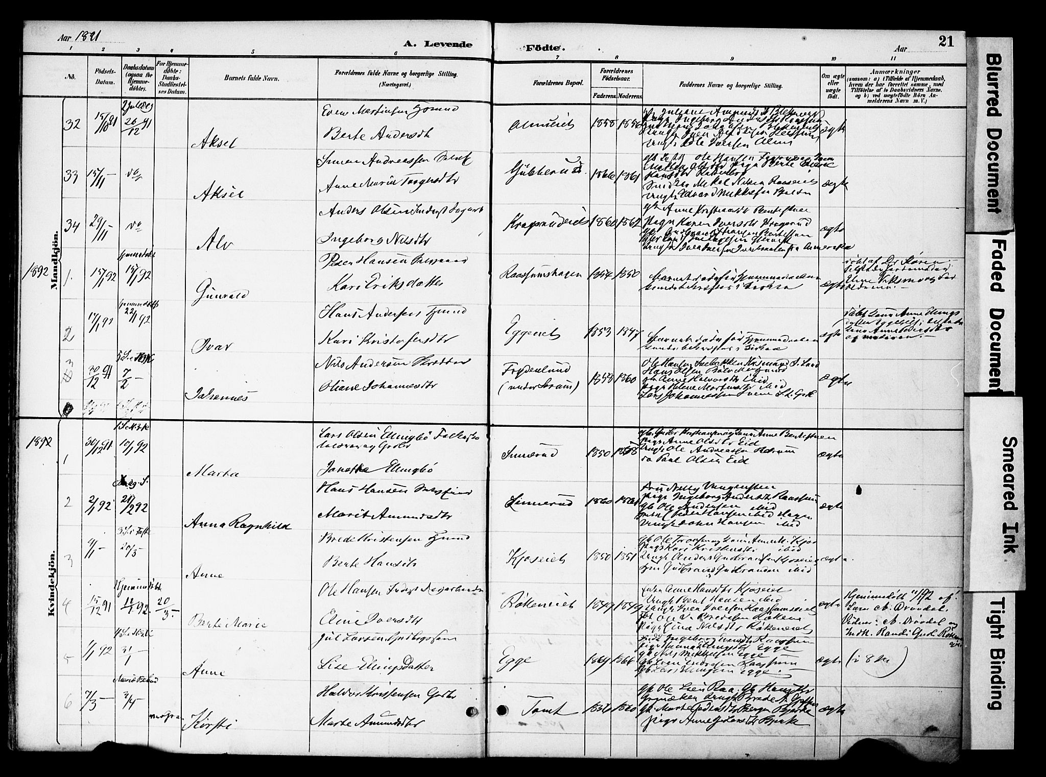 Gran prestekontor, SAH/PREST-112/H/Ha/Haa/L0020: Parish register (official) no. 20, 1889-1899, p. 21