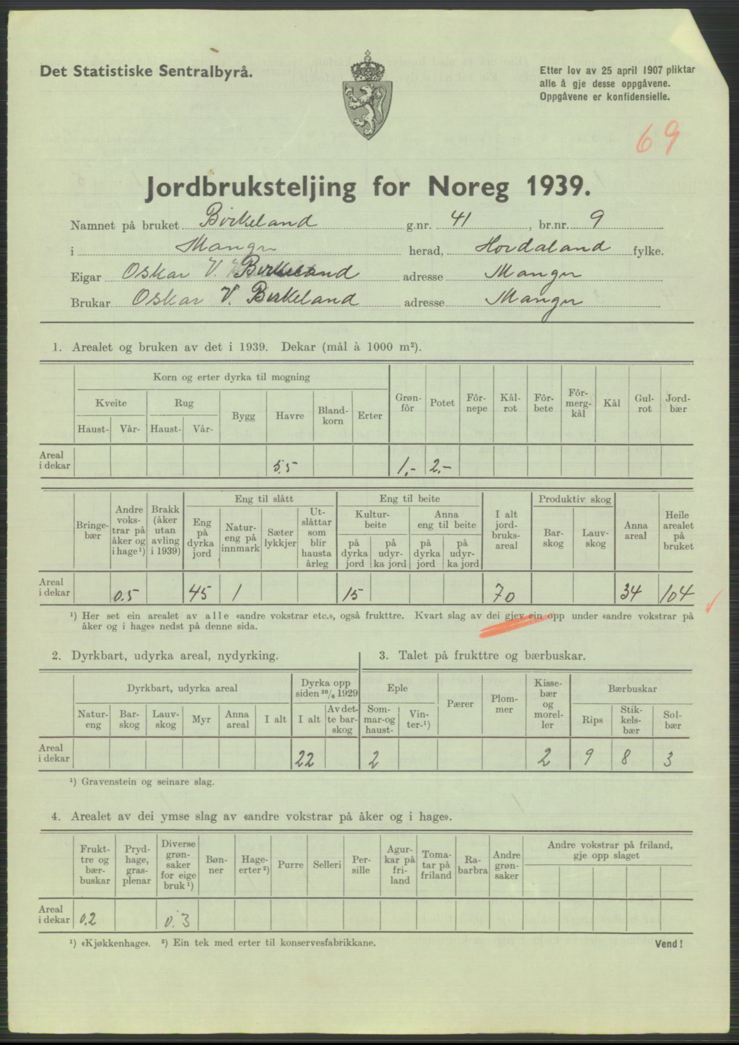 Statistisk sentralbyrå, Næringsøkonomiske emner, Jordbruk, skogbruk, jakt, fiske og fangst, AV/RA-S-2234/G/Gb/L0211: Hordaland: Herdla, Hjelme og Manger, 1939, p. 1837