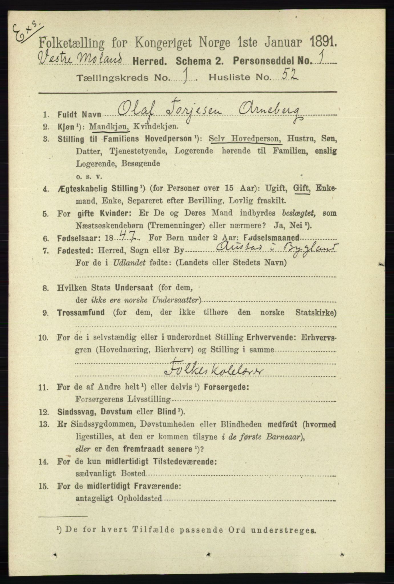 RA, Census 1891 for Nedenes amt: Gjenparter av personsedler for beslektede ektefeller, menn, 1891, p. 796