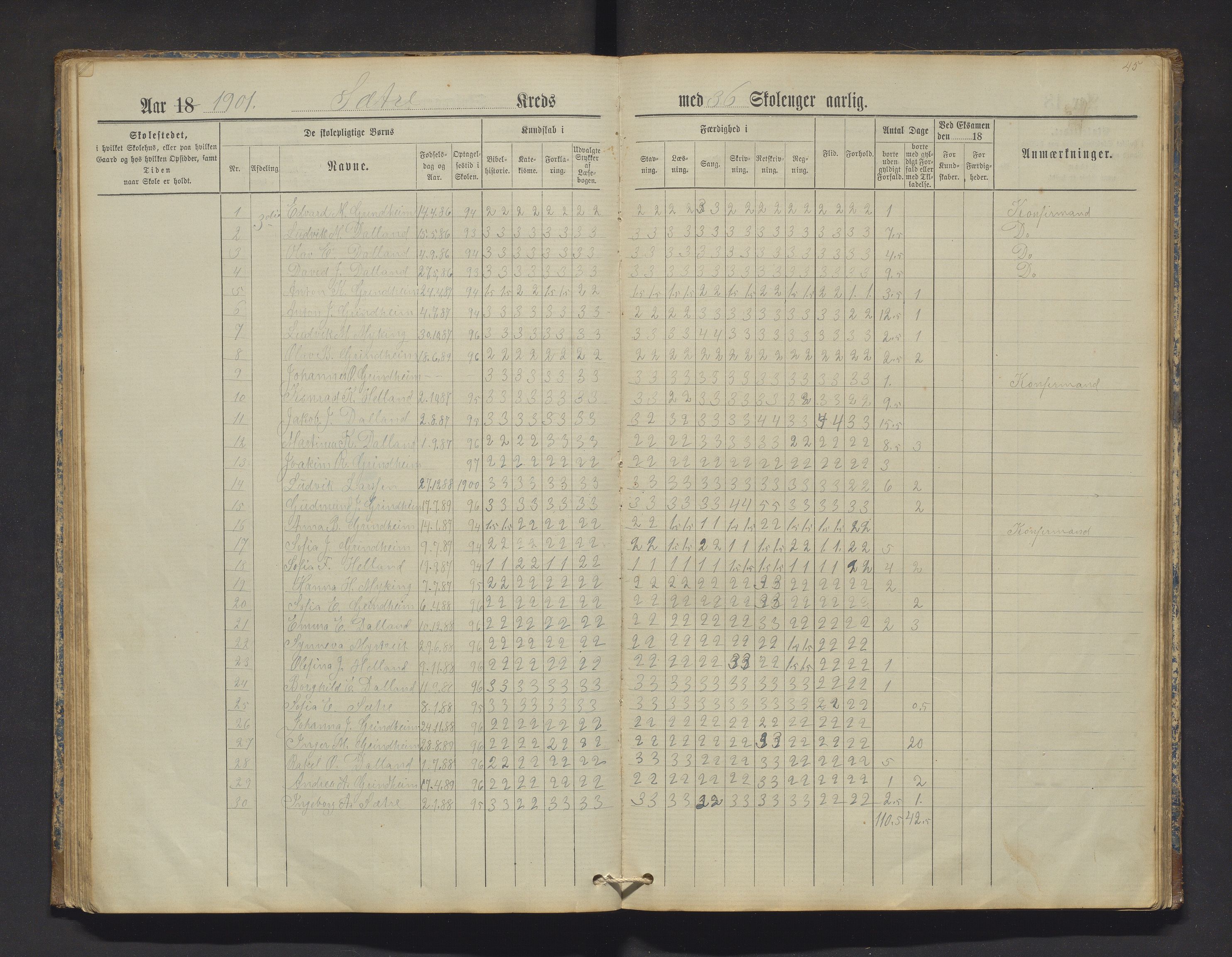 Manger kommune. Barneskulane, IKAH/1261-231/F/Fa/L0002: Skuleprotokoll for Toska, Manger, Dalland, Lilletvedt, Sætre og Helle krinsar , 1882-1916, p. 45