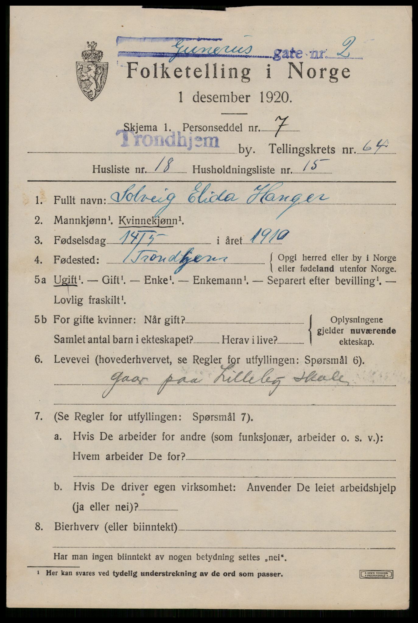 SAT, 1920 census for Trondheim, 1920, p. 128786