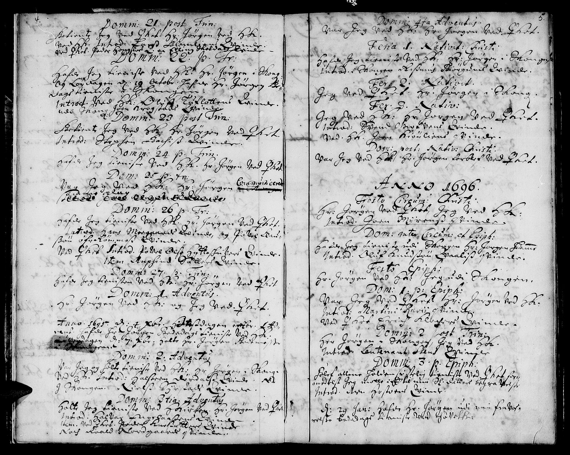 Ministerialprotokoller, klokkerbøker og fødselsregistre - Sør-Trøndelag, SAT/A-1456/668/L0801: Parish register (official) no. 668A01, 1695-1716, p. 4-5