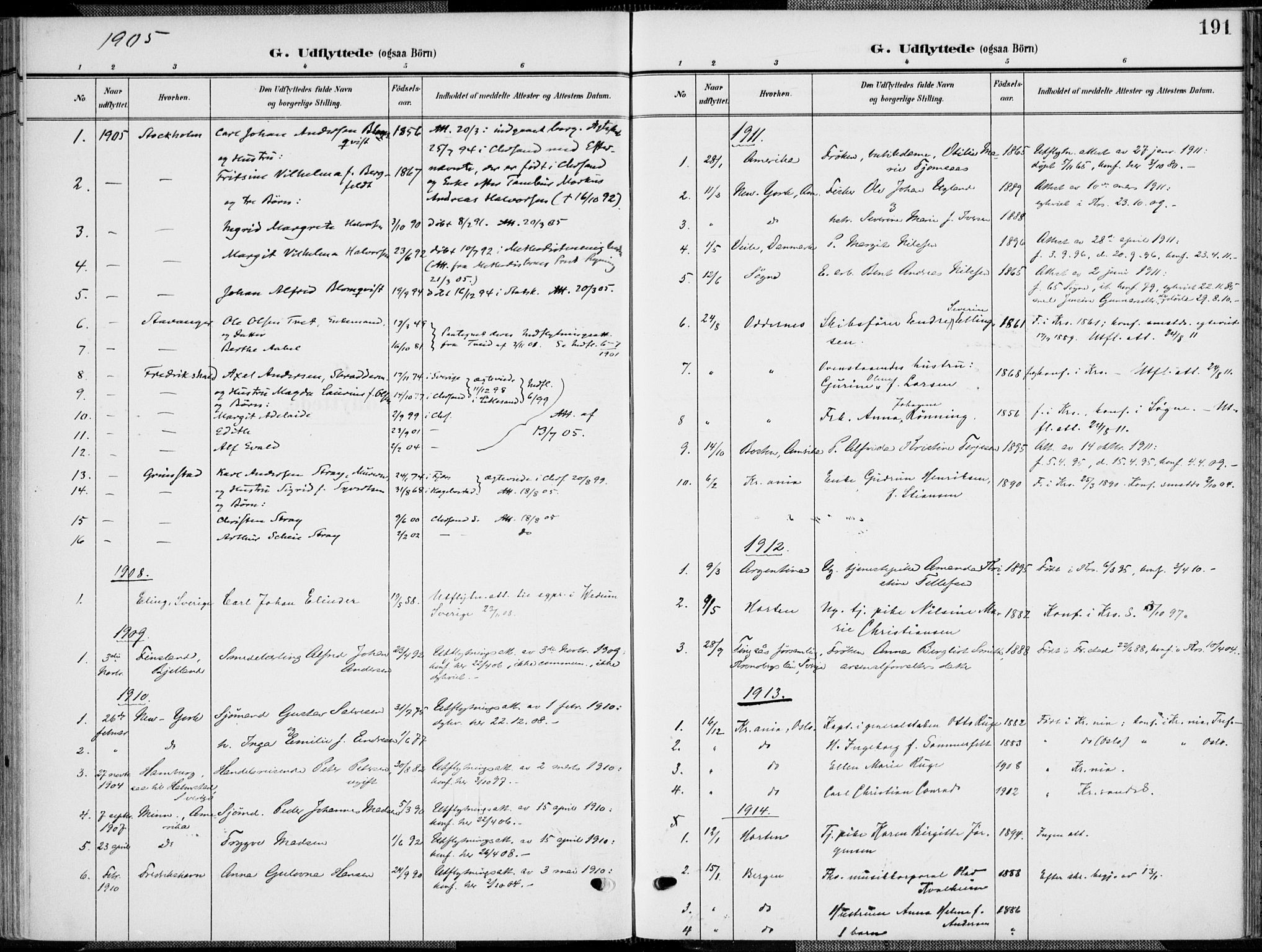 Kristiansand domprosti, SAK/1112-0006/F/Fa/L0022: Parish register (official) no. A 21, 1905-1916, p. 191