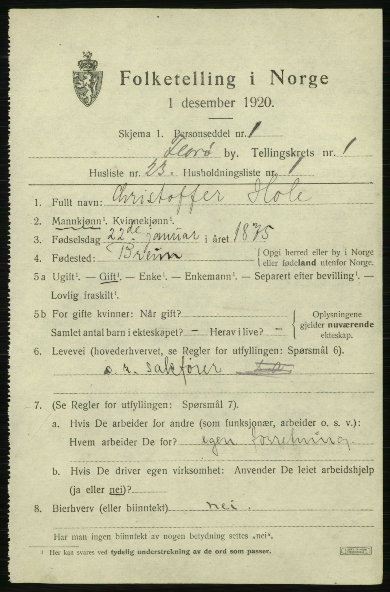 SAB, 1920 census for Florø, 1920, p. 1522