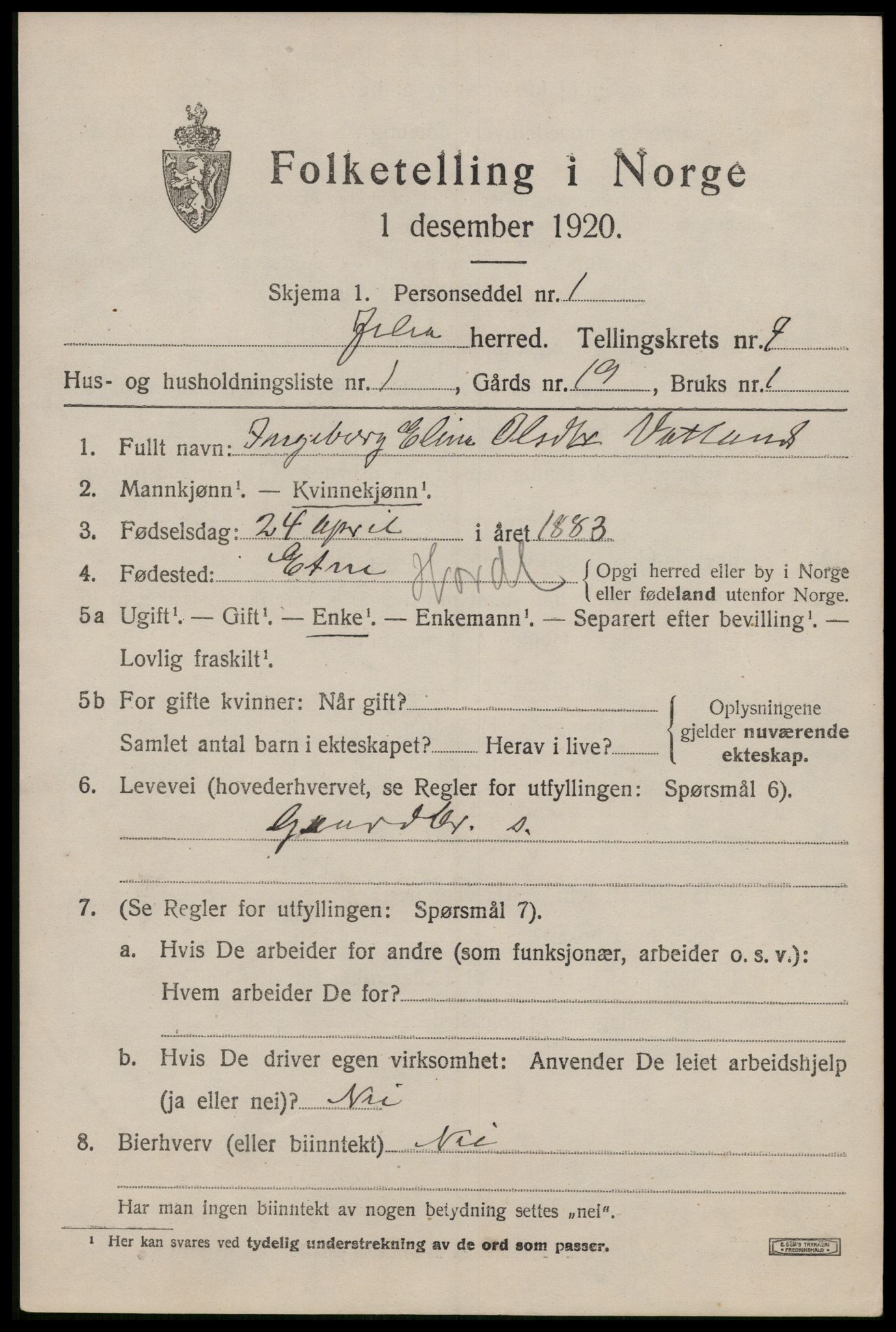 SAST, 1920 census for Jelsa, 1920, p. 1888