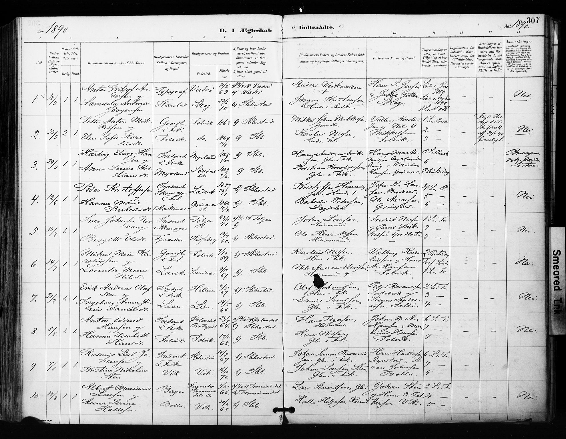 Ibestad sokneprestembete, SATØ/S-0077/H/Ha/Haa/L0012kirke: Parish register (official) no. 12, 1890-1900, p. 307