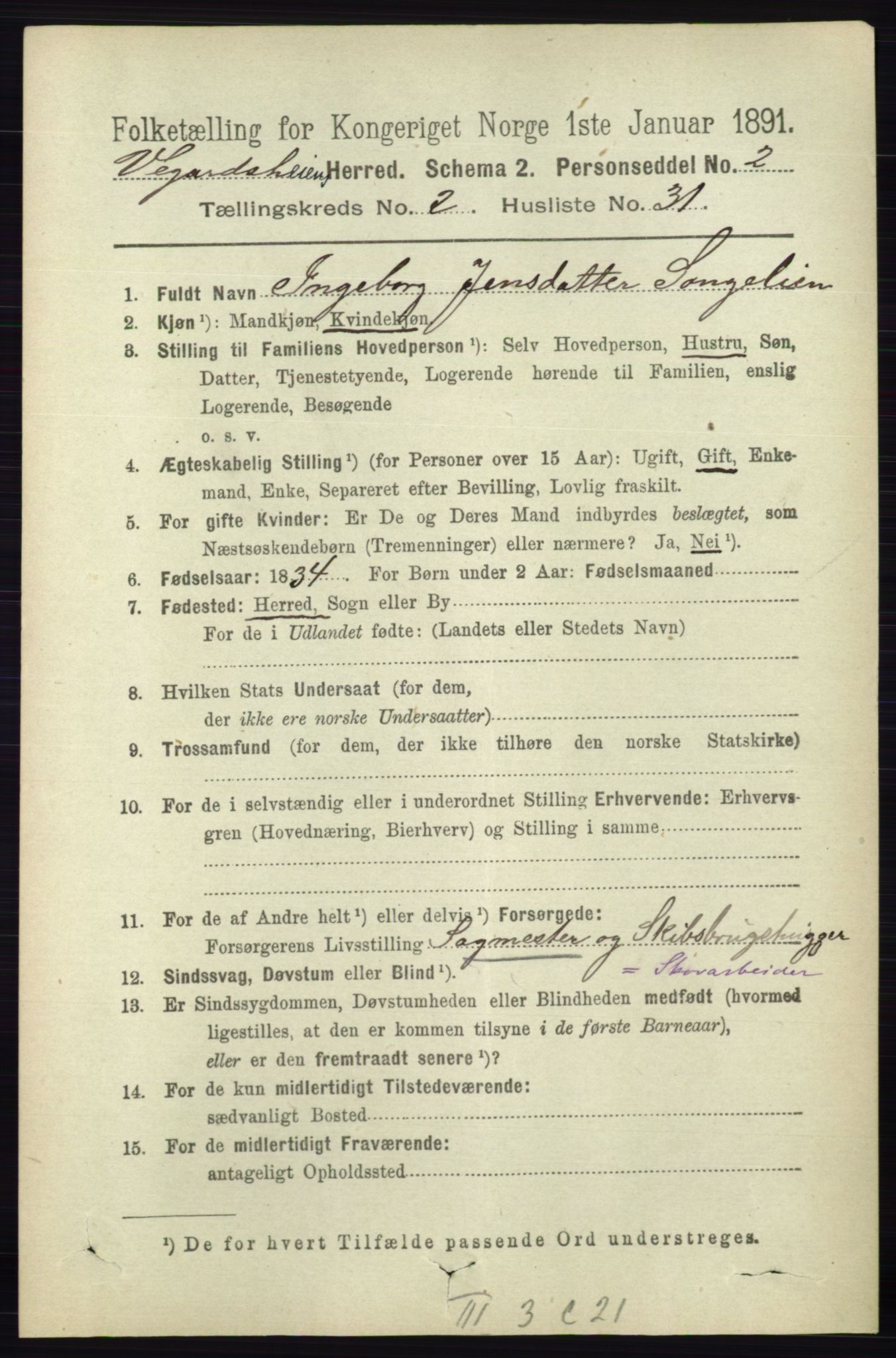 RA, 1891 census for 0912 Vegårshei, 1891, p. 596