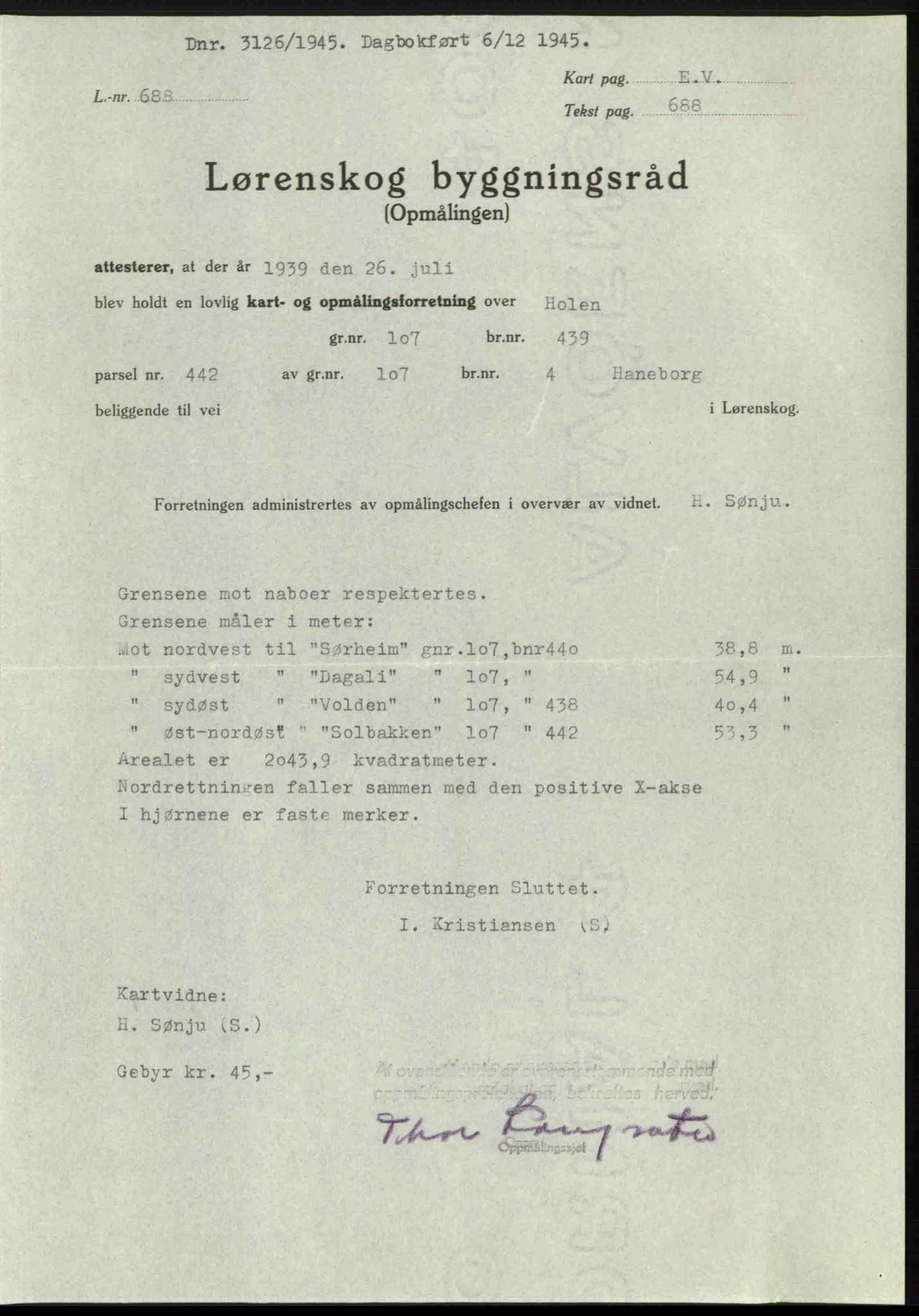 Nedre Romerike sorenskriveri, AV/SAO-A-10469/G/Gb/Gbd/L0015: Mortgage book no. 15, 1945-1946, Diary no: : 3126/1945