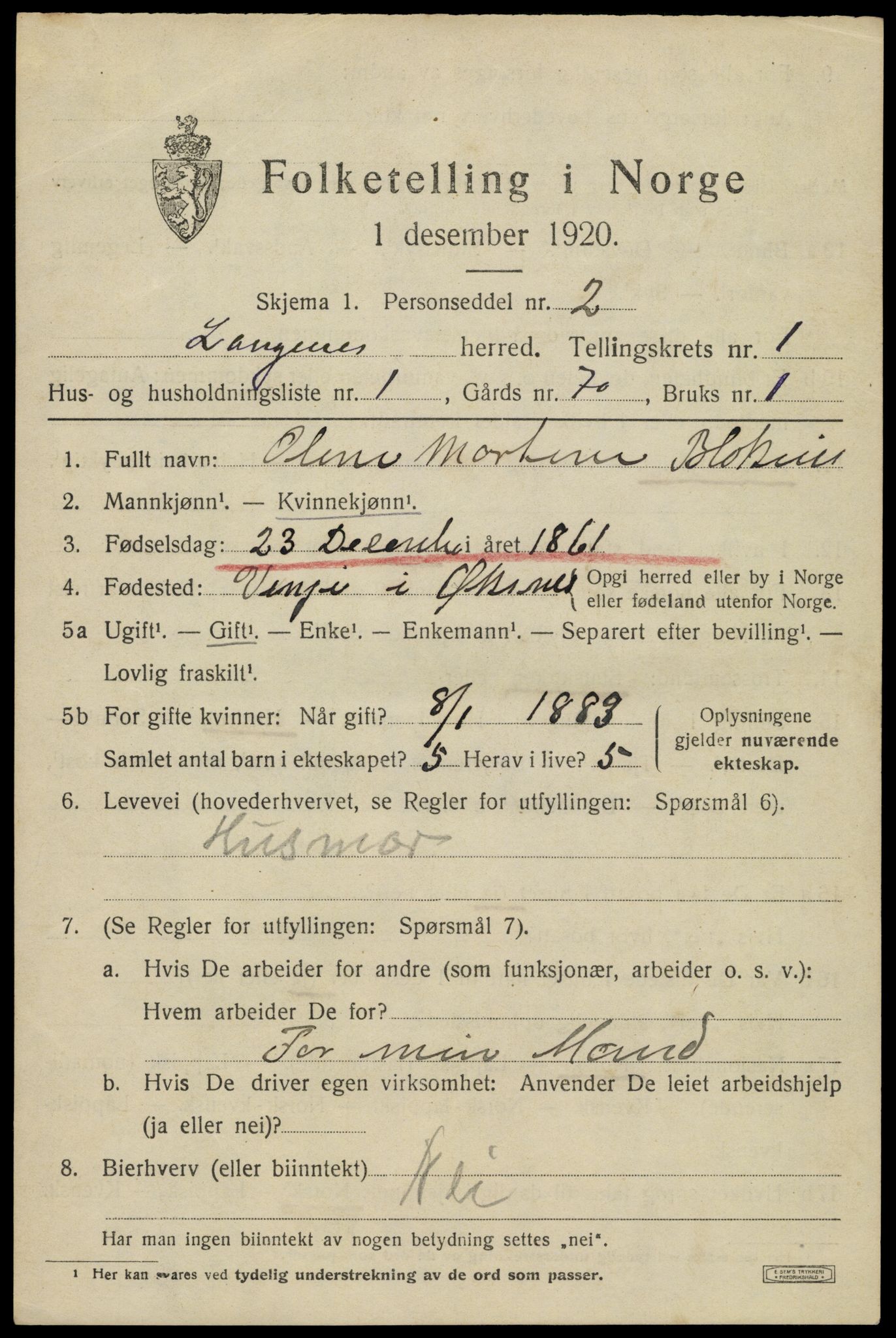 SAT, 1920 census for Langenes, 1920, p. 378