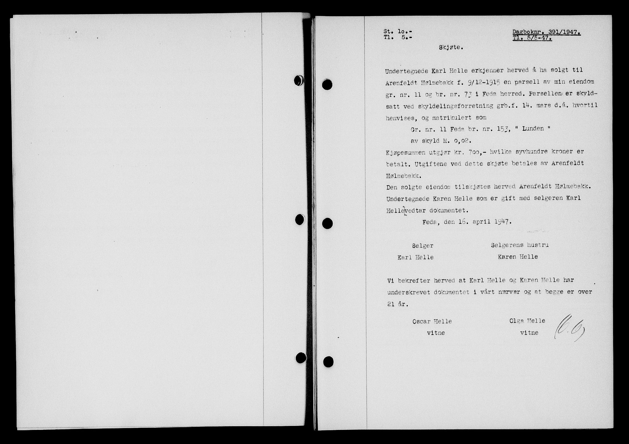 Flekkefjord sorenskriveri, SAK/1221-0001/G/Gb/Gba/L0062: Mortgage book no. A-10, 1947-1947, Diary no: : 391/1947