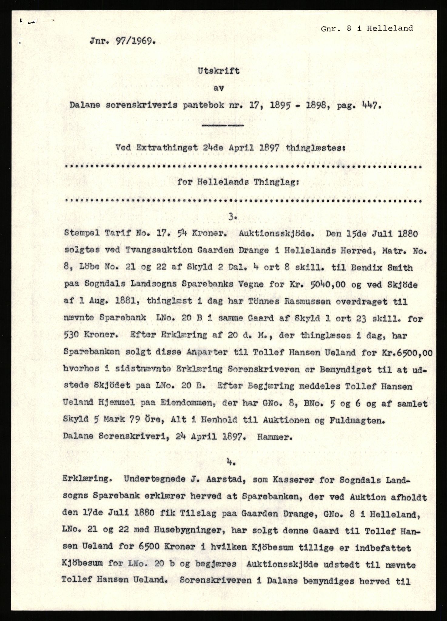 Statsarkivet i Stavanger, SAST/A-101971/03/Y/Yj/L0014: Avskrifter sortert etter gårdsnanv: Dalve - Dyrland, 1750-1930, p. 409