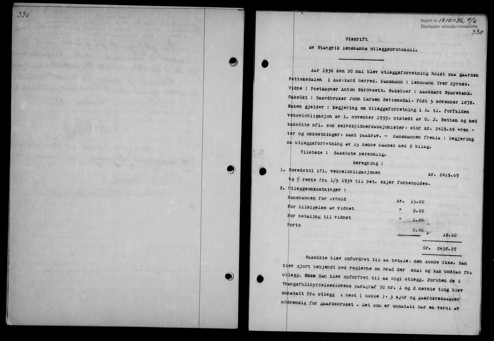 Nordmøre sorenskriveri, AV/SAT-A-4132/1/2/2Ca/L0088: Mortgage book no. 78, 1936-1936, Diary no: : 1210/1936