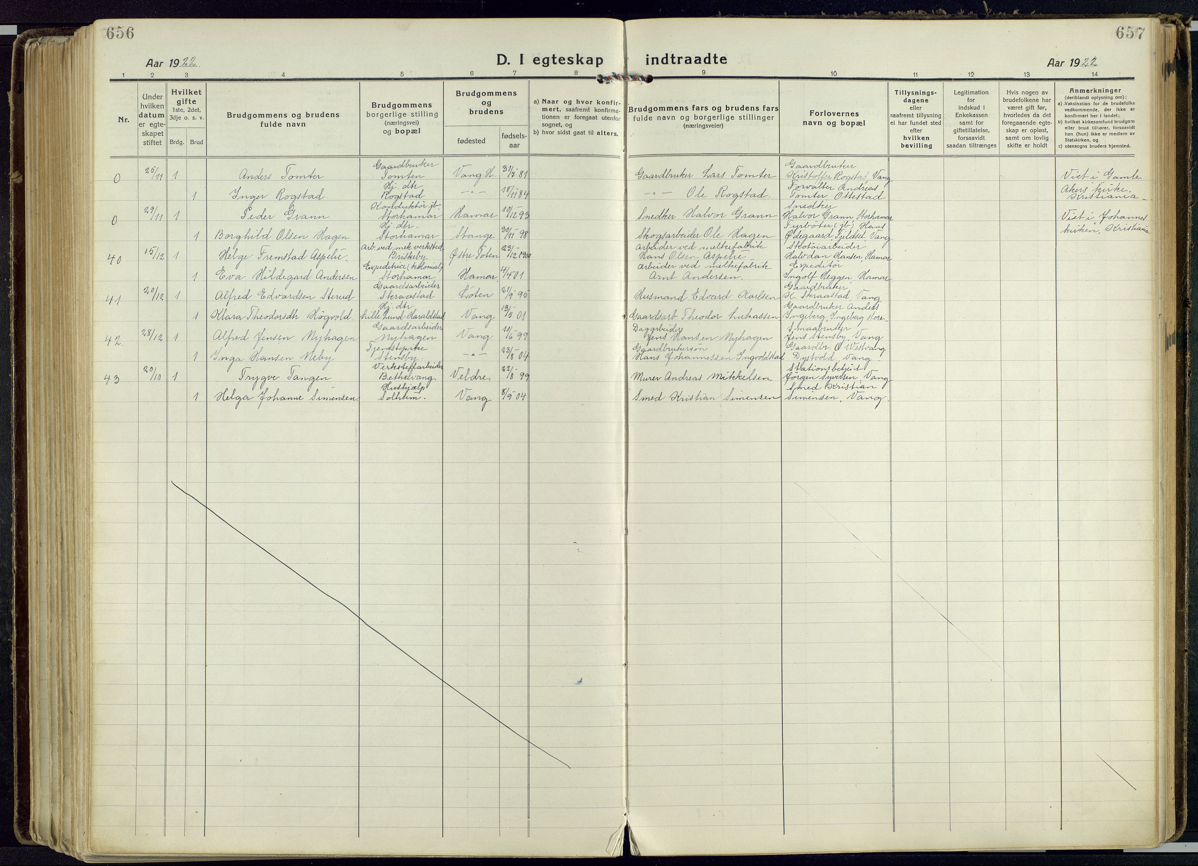 Vang prestekontor, Hedmark, SAH/PREST-008/H/Ha/Haa/L0022: Parish register (official) no. 22, 1918-1944, p. 656-657