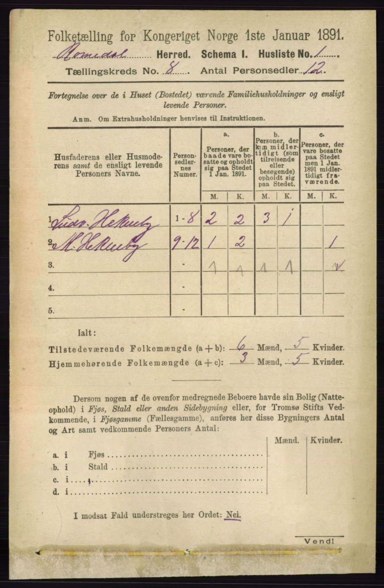 RA, 1891 census for 0416 Romedal, 1891, p. 3909