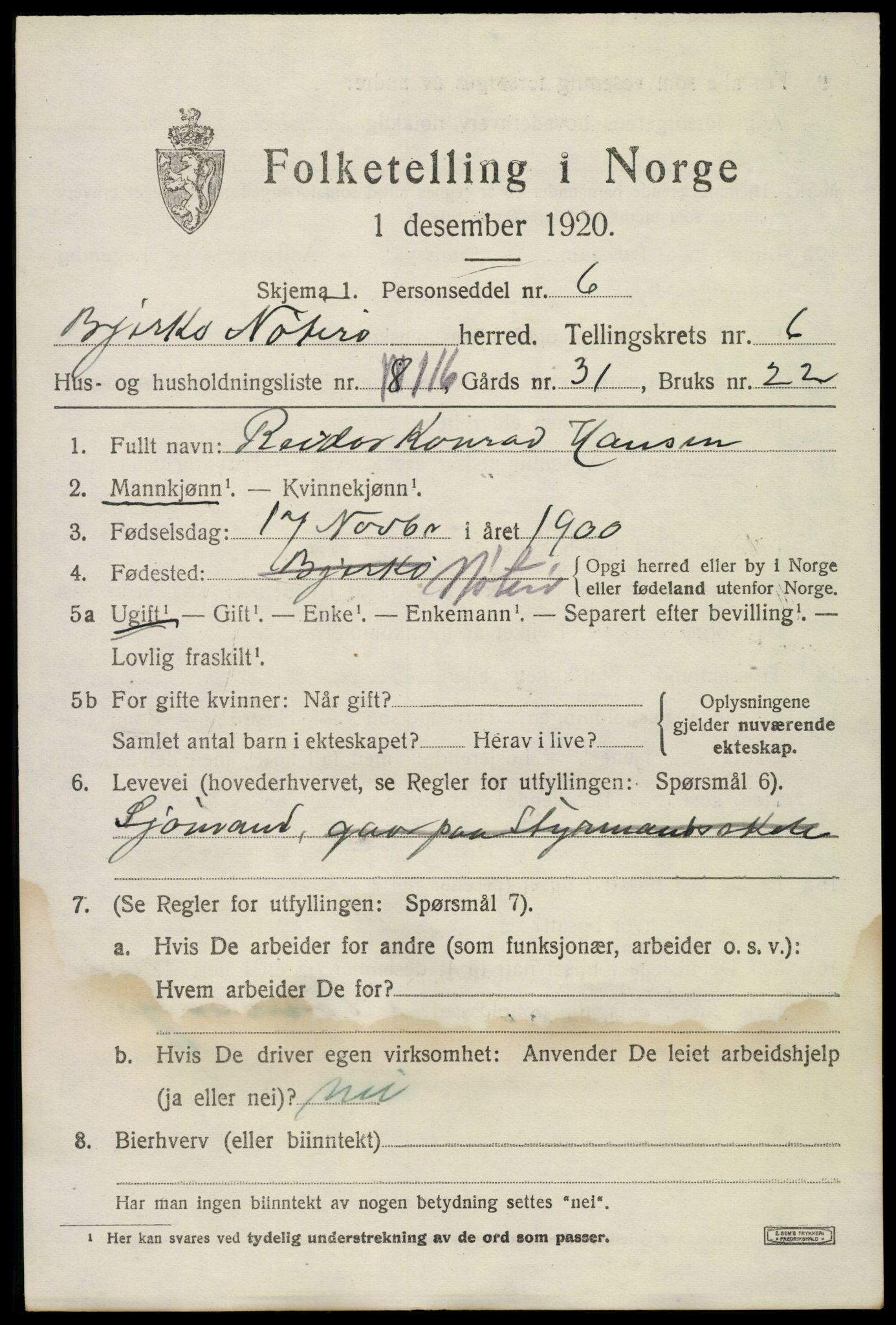 SAKO, 1920 census for Nøtterøy, 1920, p. 9419
