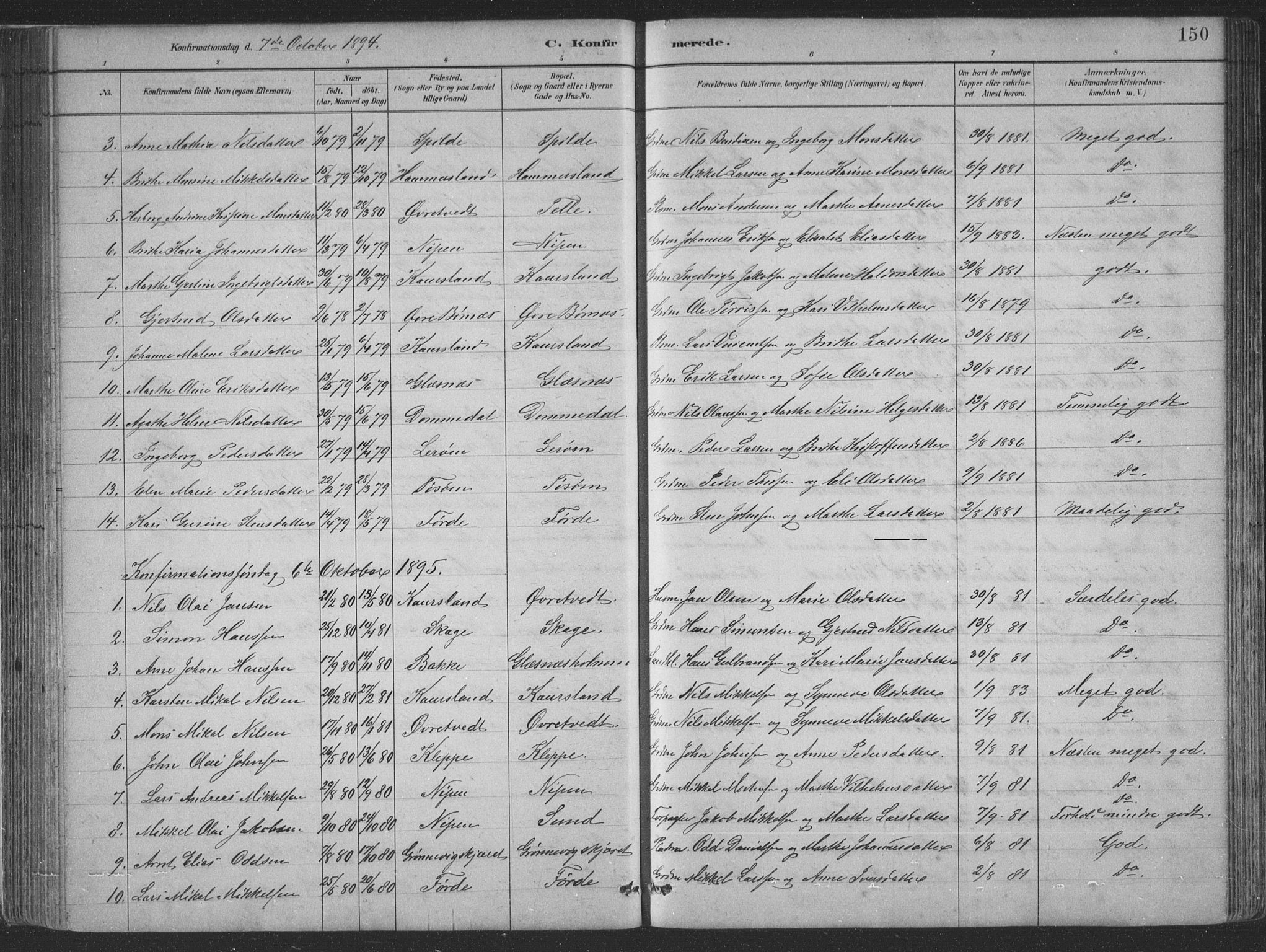 Sund sokneprestembete, SAB/A-99930: Parish register (copy) no. B 3, 1882-1911, p. 150