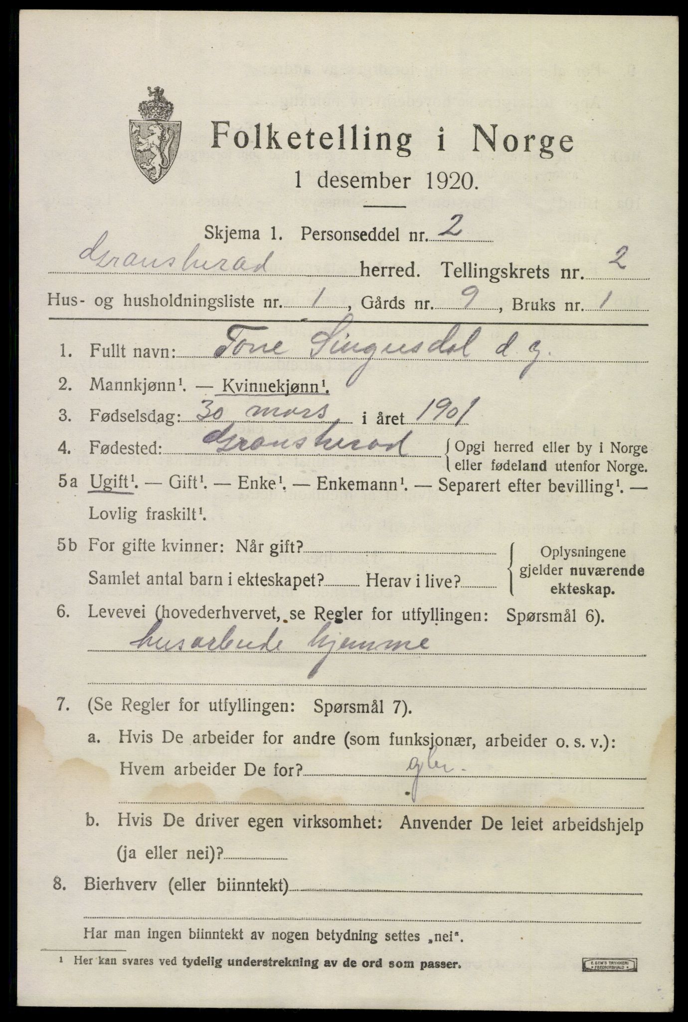 SAKO, 1920 census for Gransherad, 1920, p. 966