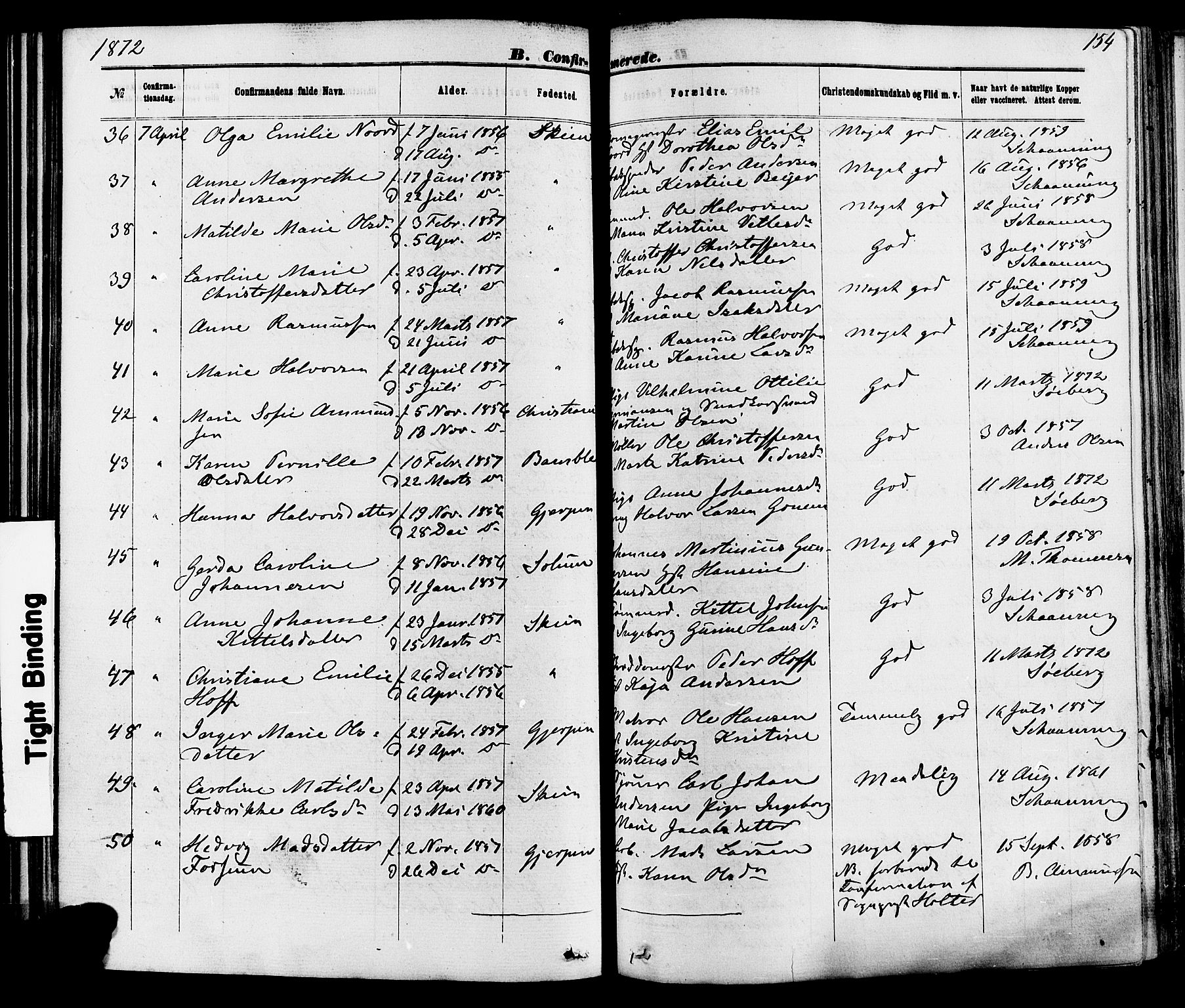 Skien kirkebøker, AV/SAKO-A-302/F/Fa/L0008: Parish register (official) no. 8, 1866-1877, p. 154