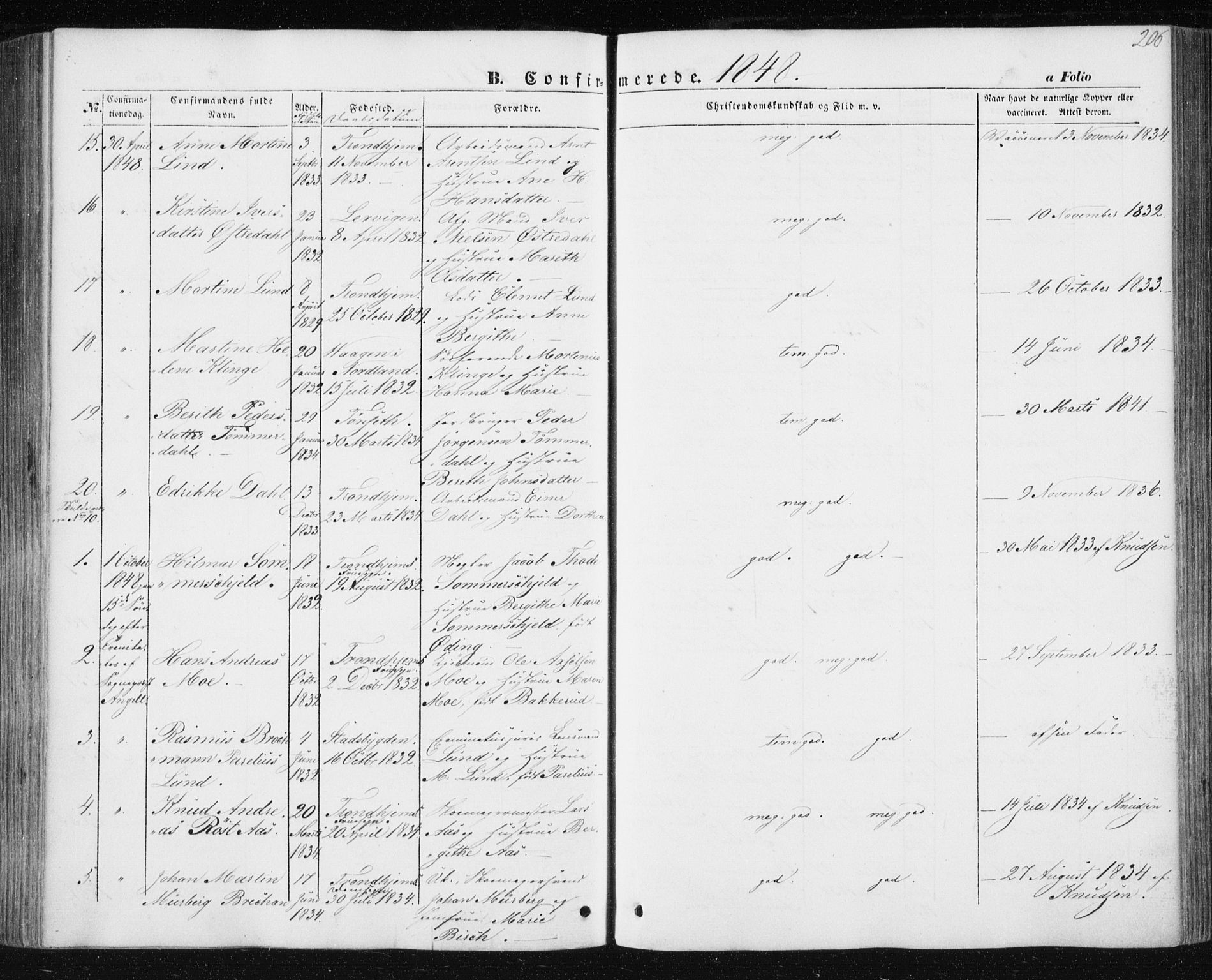 Ministerialprotokoller, klokkerbøker og fødselsregistre - Sør-Trøndelag, AV/SAT-A-1456/602/L0112: Parish register (official) no. 602A10, 1848-1859, p. 206