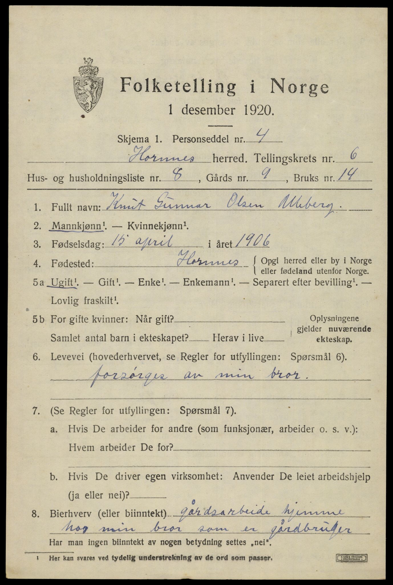 SAK, 1920 census for Hornnes, 1920, p. 1639