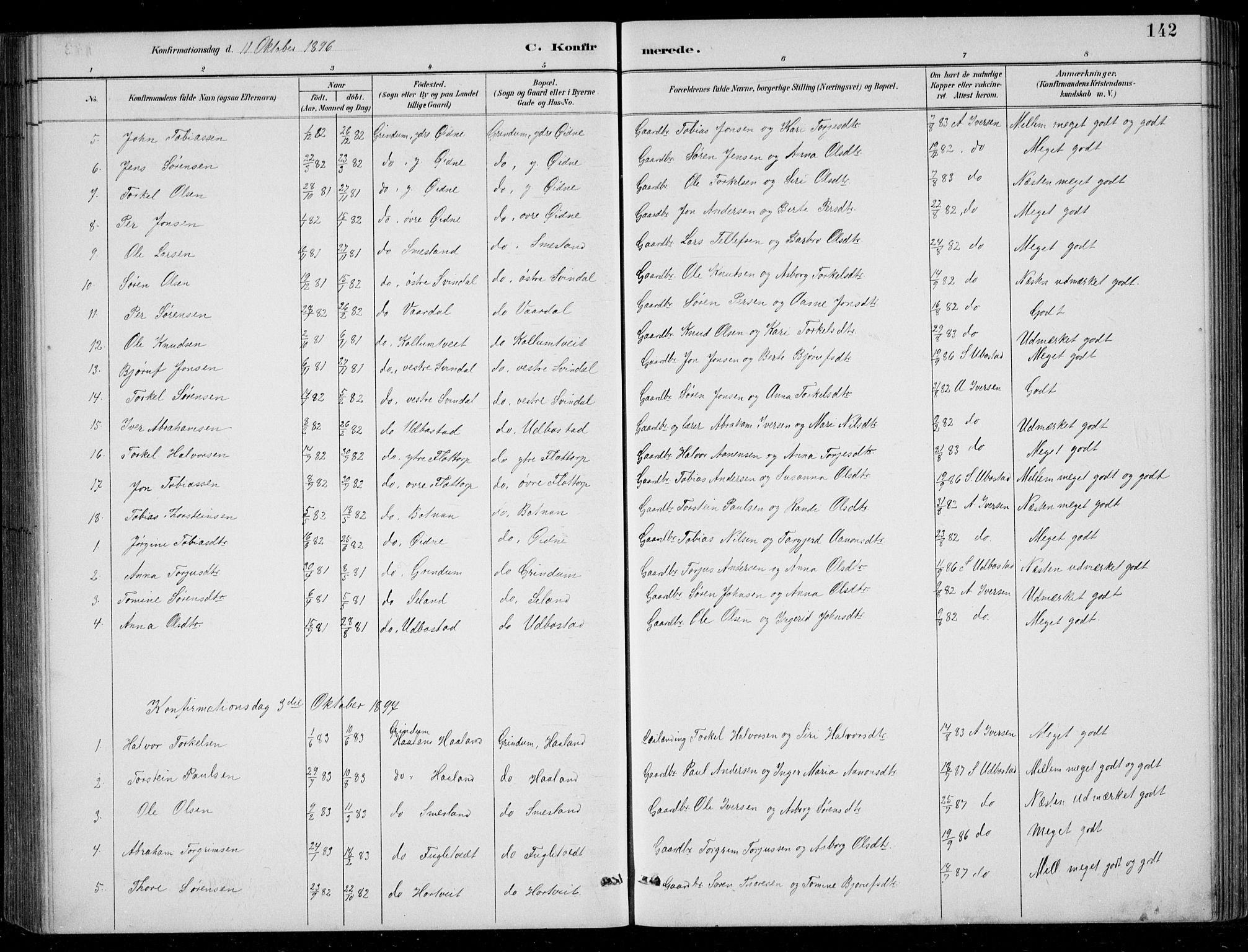 Bjelland sokneprestkontor, SAK/1111-0005/F/Fb/Fbc/L0003: Parish register (copy) no. B 3, 1887-1924, p. 142