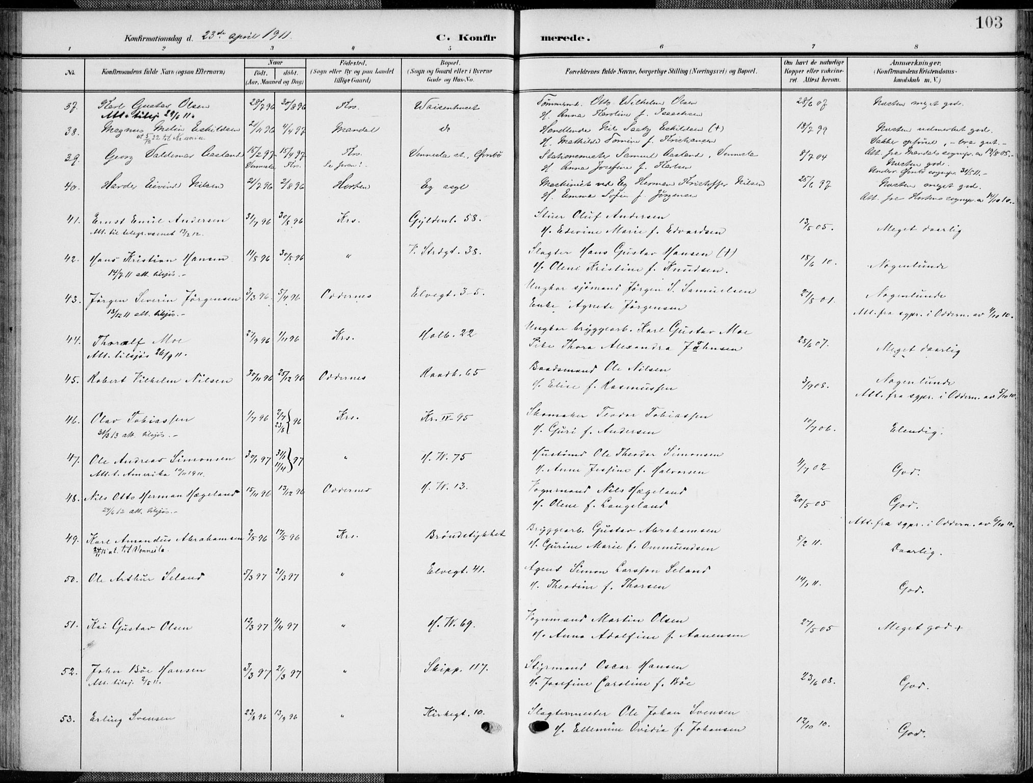 Kristiansand domprosti, SAK/1112-0006/F/Fa/L0022: Parish register (official) no. A 21, 1905-1916, p. 103