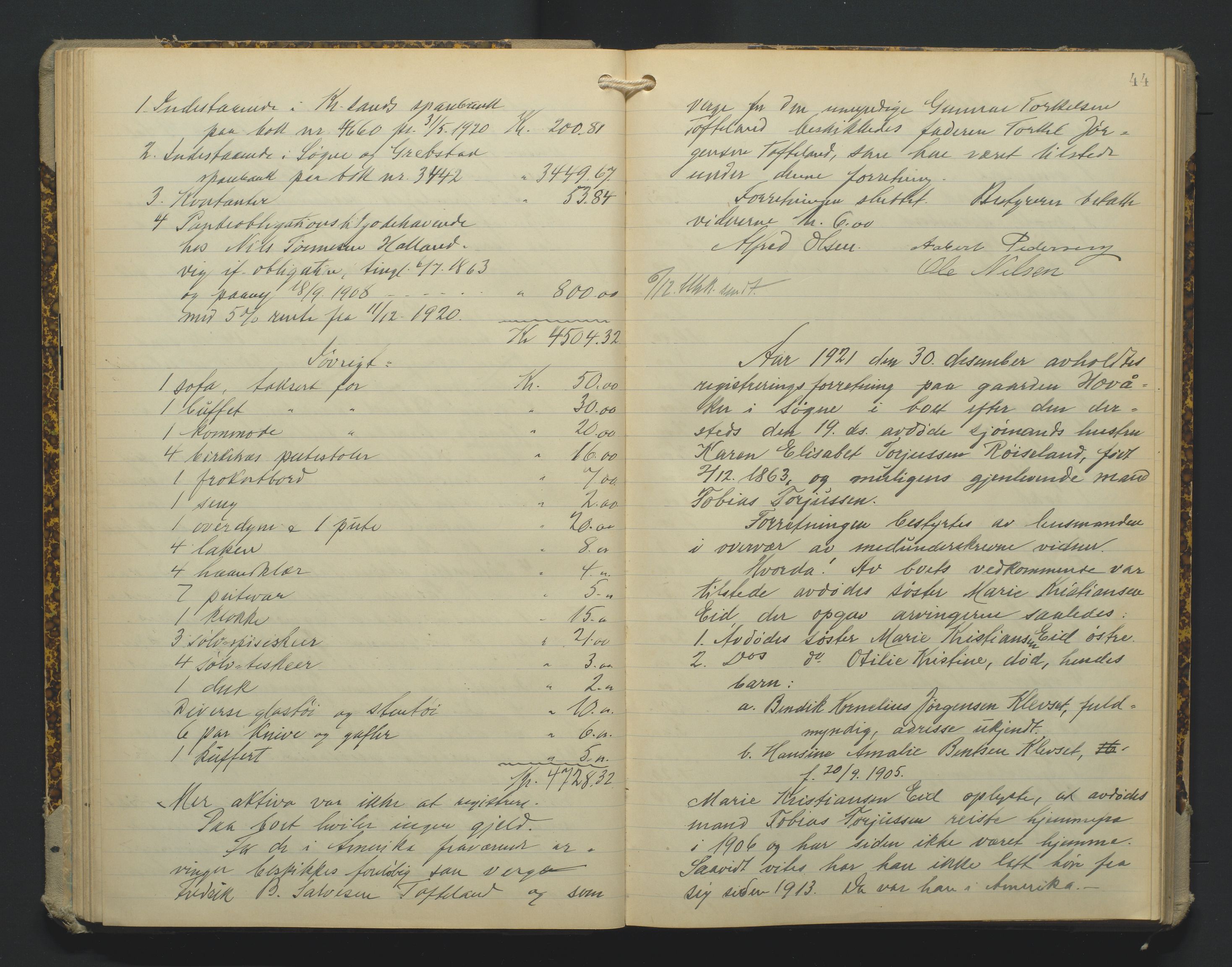 Torridal sorenskriveri, AV/SAK-1221-0012/H/Hc/L0013: Skifteregistreringsprotokoll Søgne og Greipstad lensmannsdistrikt nr. 3, 1918-1928, p. 44