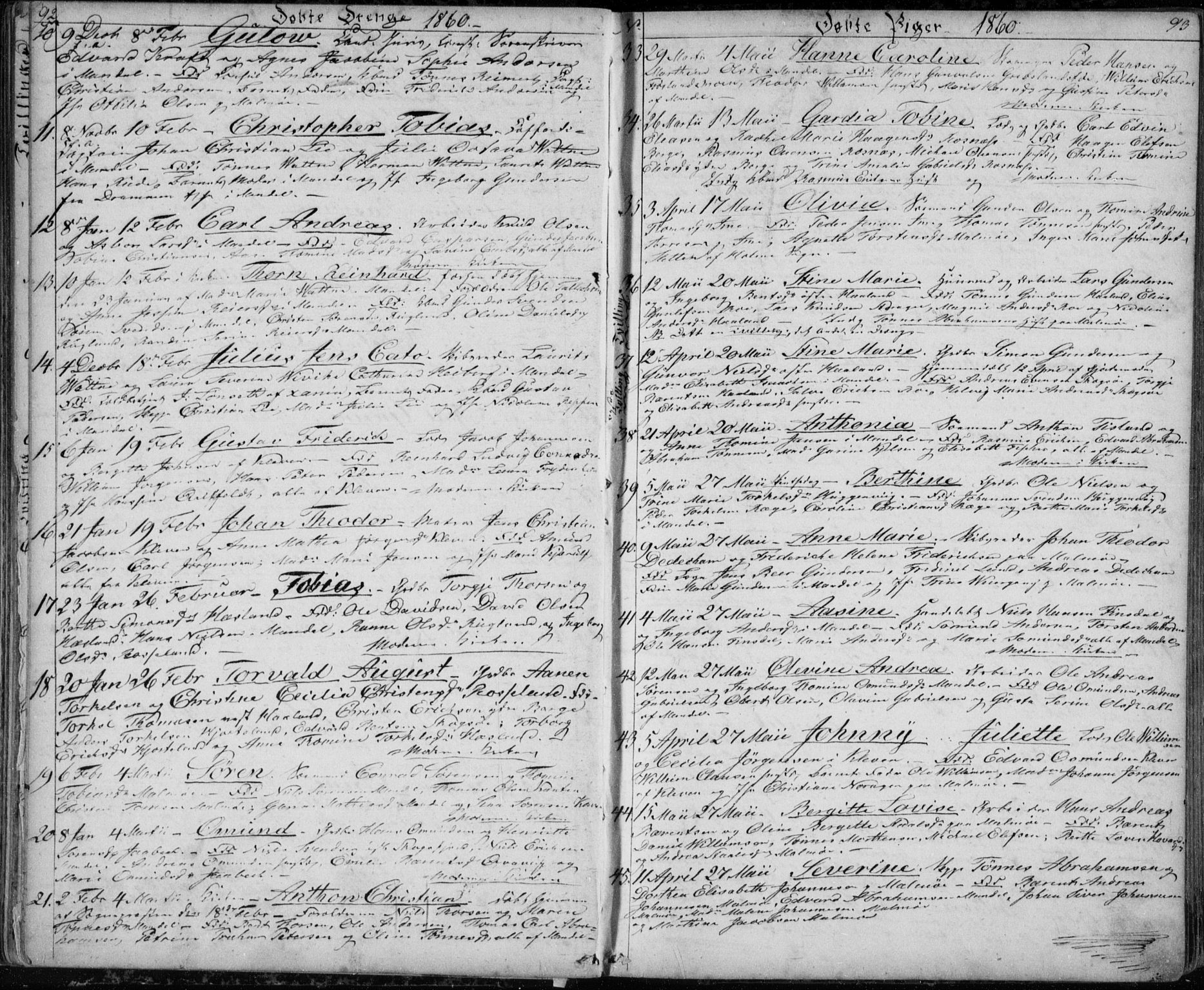 Mandal sokneprestkontor, SAK/1111-0030/F/Fb/Fba/L0008: Parish register (copy) no. B 2, 1854-1868, p. 92-93