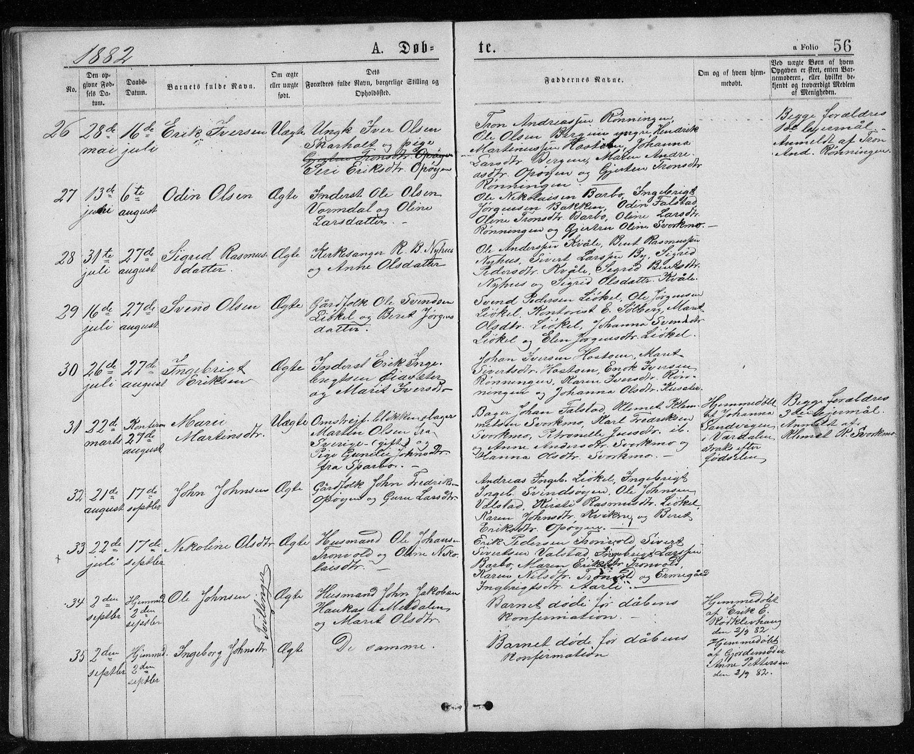 Ministerialprotokoller, klokkerbøker og fødselsregistre - Sør-Trøndelag, AV/SAT-A-1456/671/L0843: Parish register (copy) no. 671C02, 1873-1892, p. 56