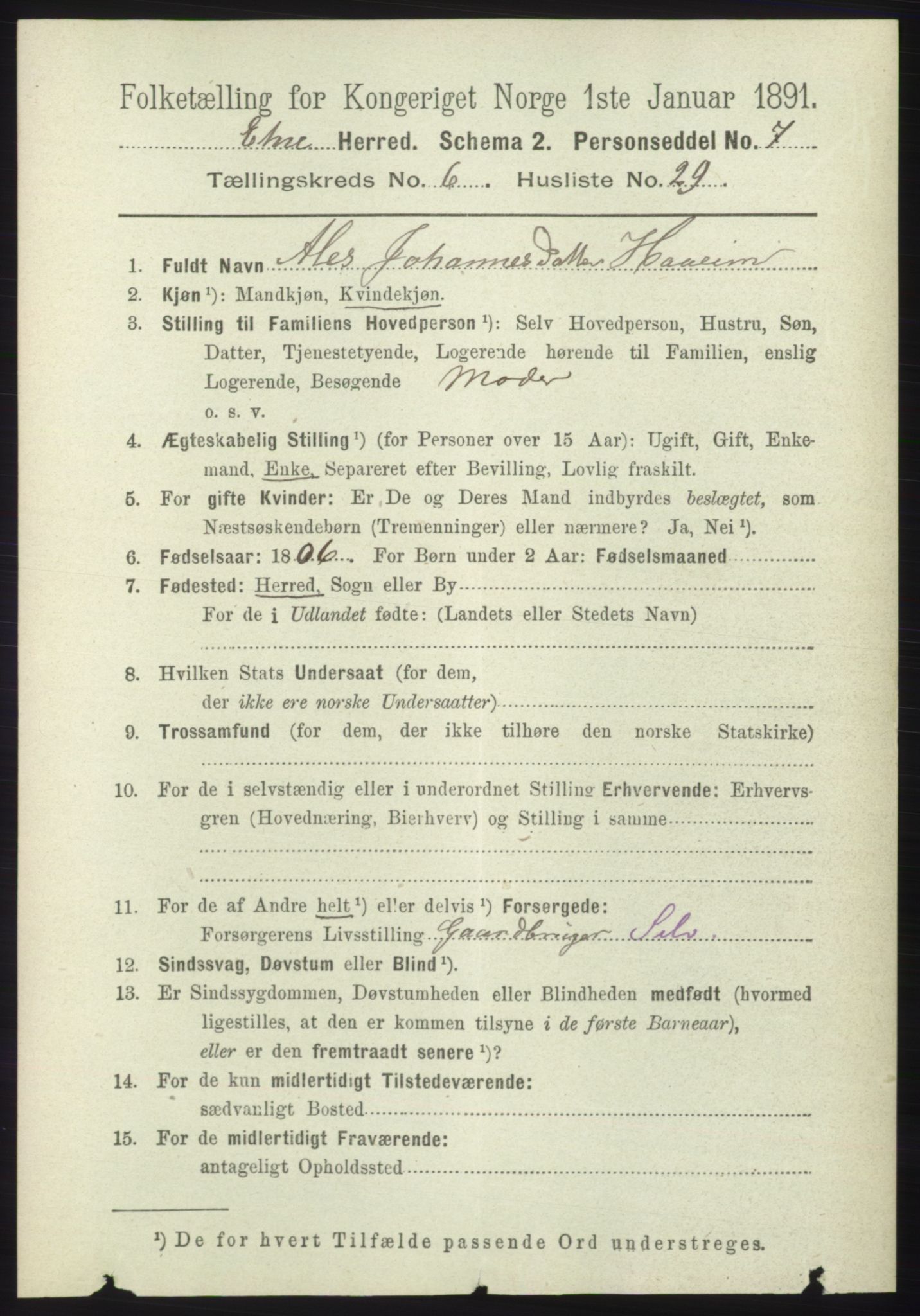 RA, 1891 census for 1211 Etne, 1891, p. 1357