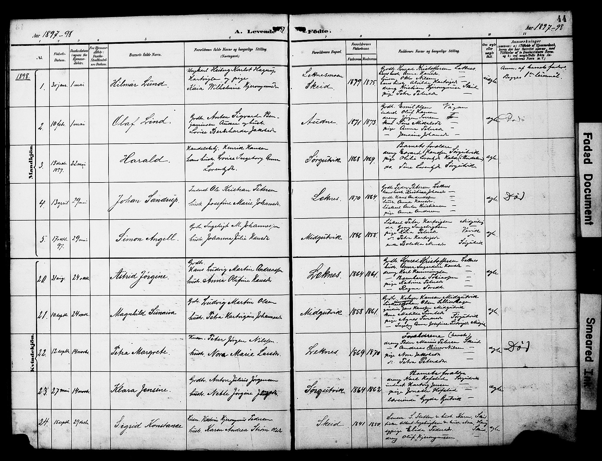 Ministerialprotokoller, klokkerbøker og fødselsregistre - Nord-Trøndelag, AV/SAT-A-1458/788/L0701: Parish register (copy) no. 788C01, 1888-1913, p. 44