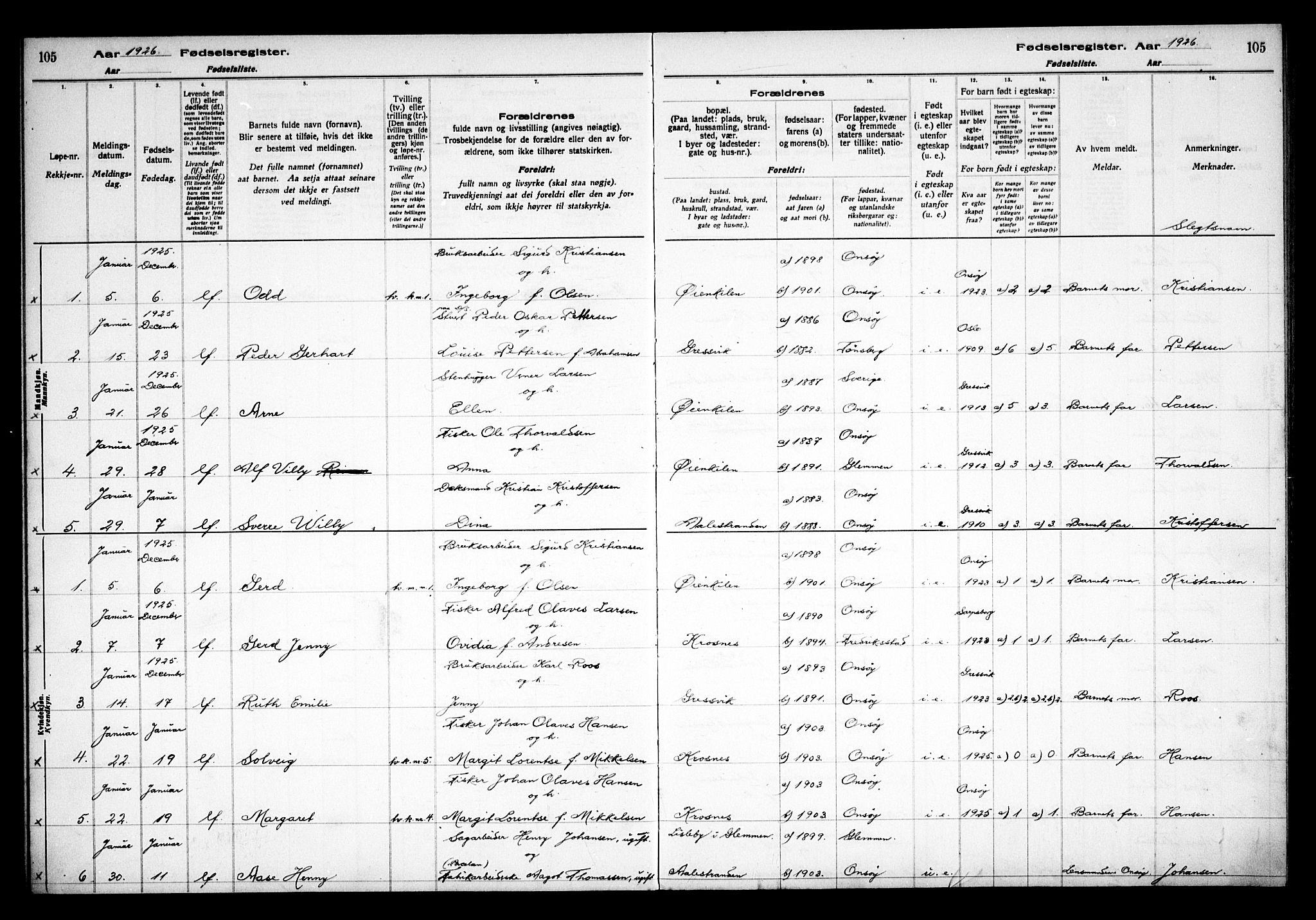 Onsøy prestekontor Kirkebøker, AV/SAO-A-10914/J/Jb/L0001: Birth register no. II 1, 1916-1938, p. 105