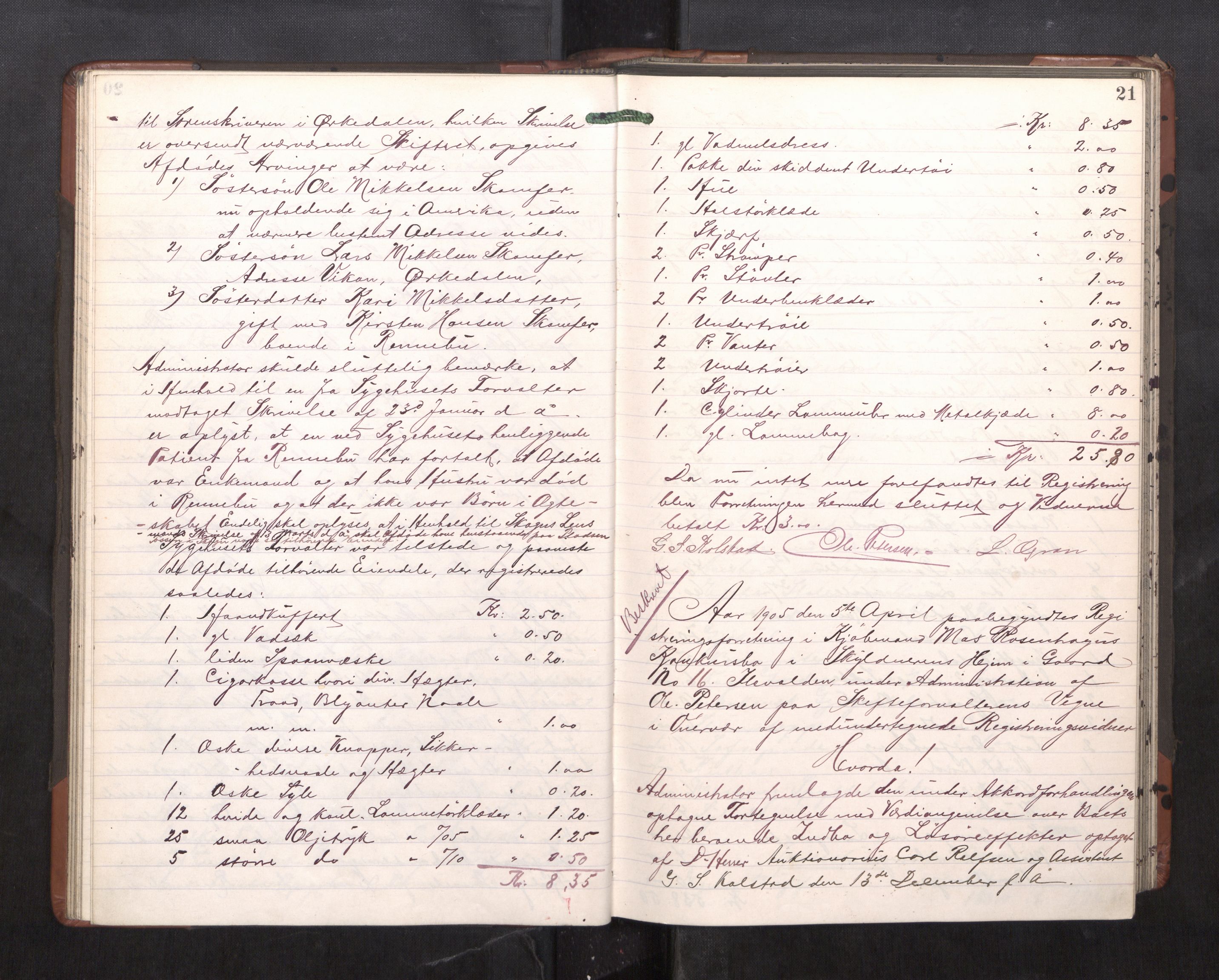 Trondheim byfogd, AV/SAT-A-0003/1/3/3C/L0023: Skifteregistreringsprotokoll - 11/2-15/5. (u/ register), 1905-1907, p. 21