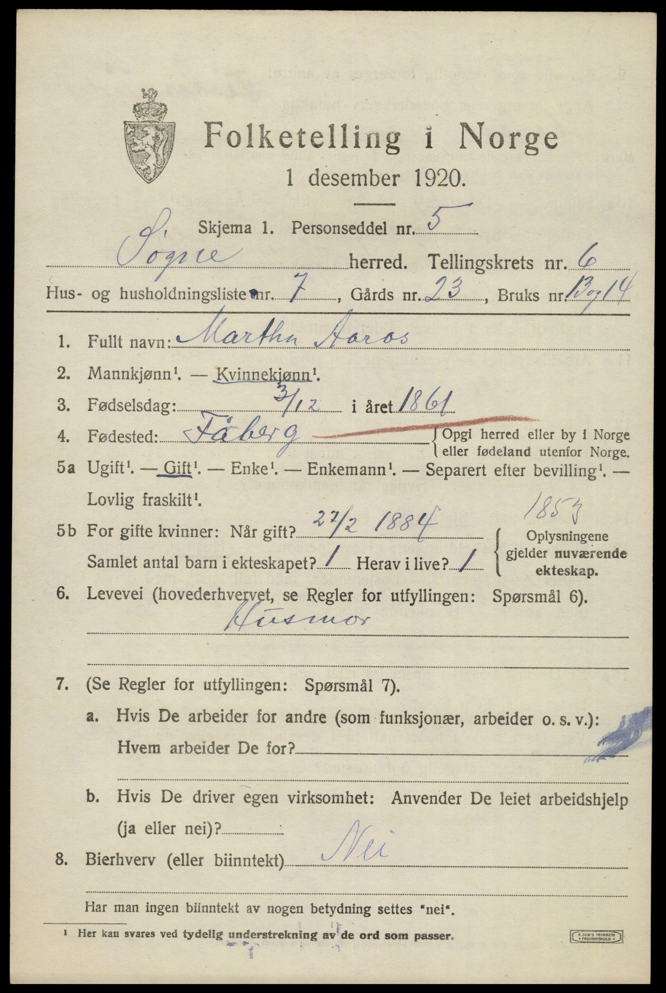 SAK, 1920 census for Søgne, 1920, p. 2815