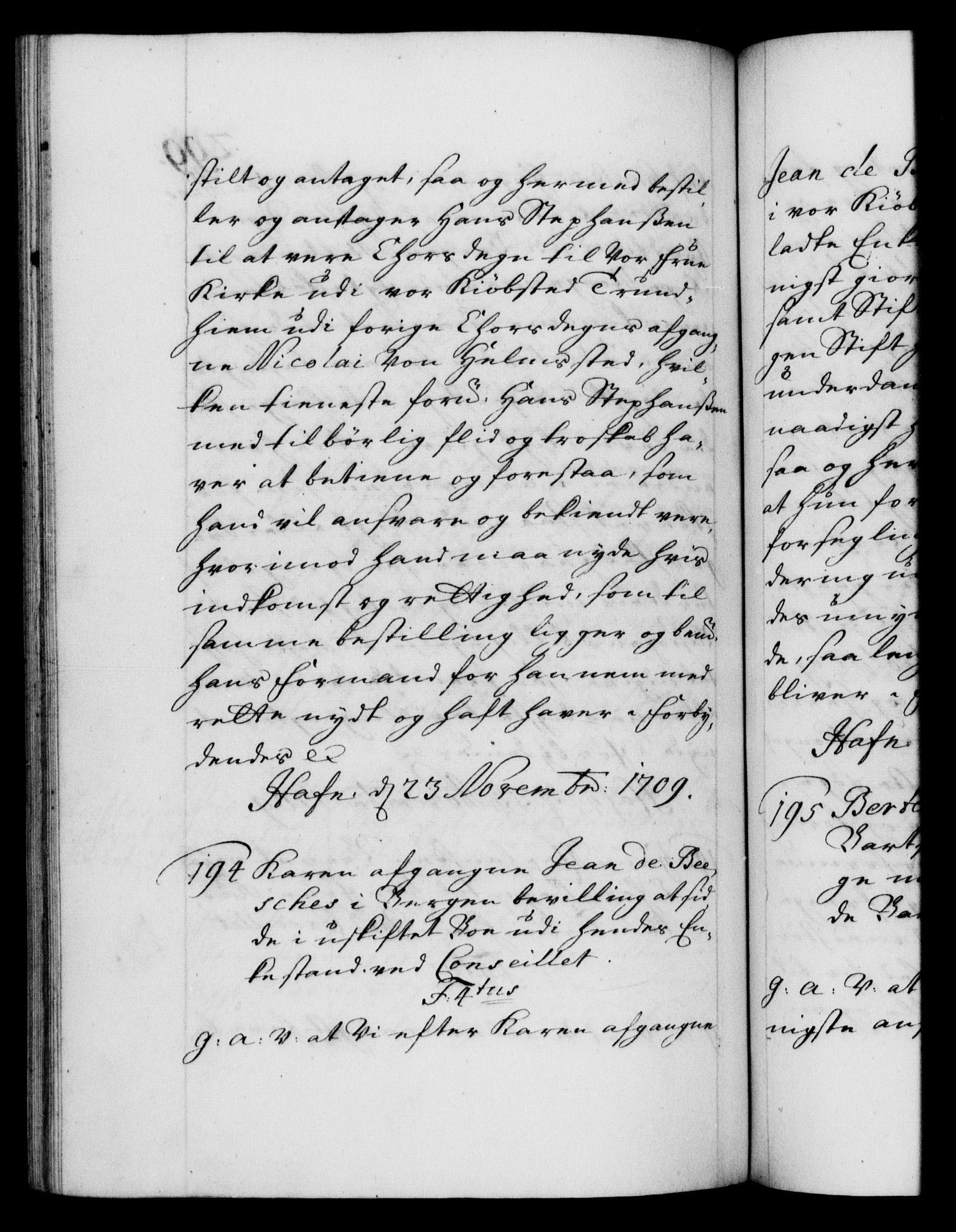 Danske Kanselli 1572-1799, RA/EA-3023/F/Fc/Fca/Fcaa/L0020: Norske registre, 1708-1711, p. 299b