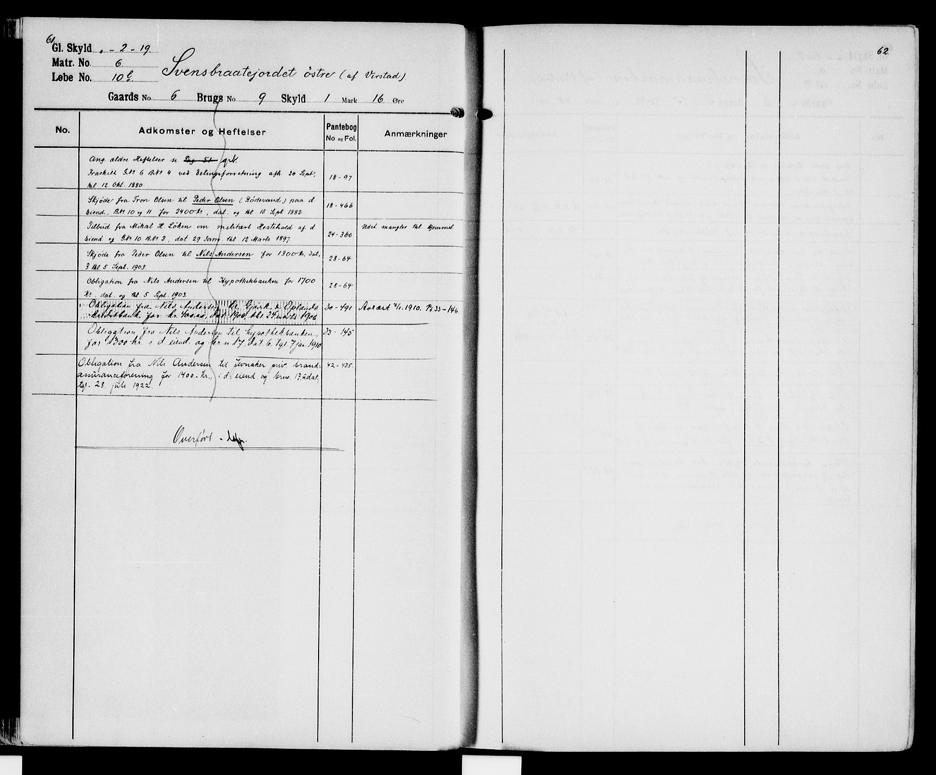 Hadeland og Land tingrett, SAH/TING-010/H/Ha/Hac/L0002: Mortgage register no. 3.2, 1906-1950, p. 61-62